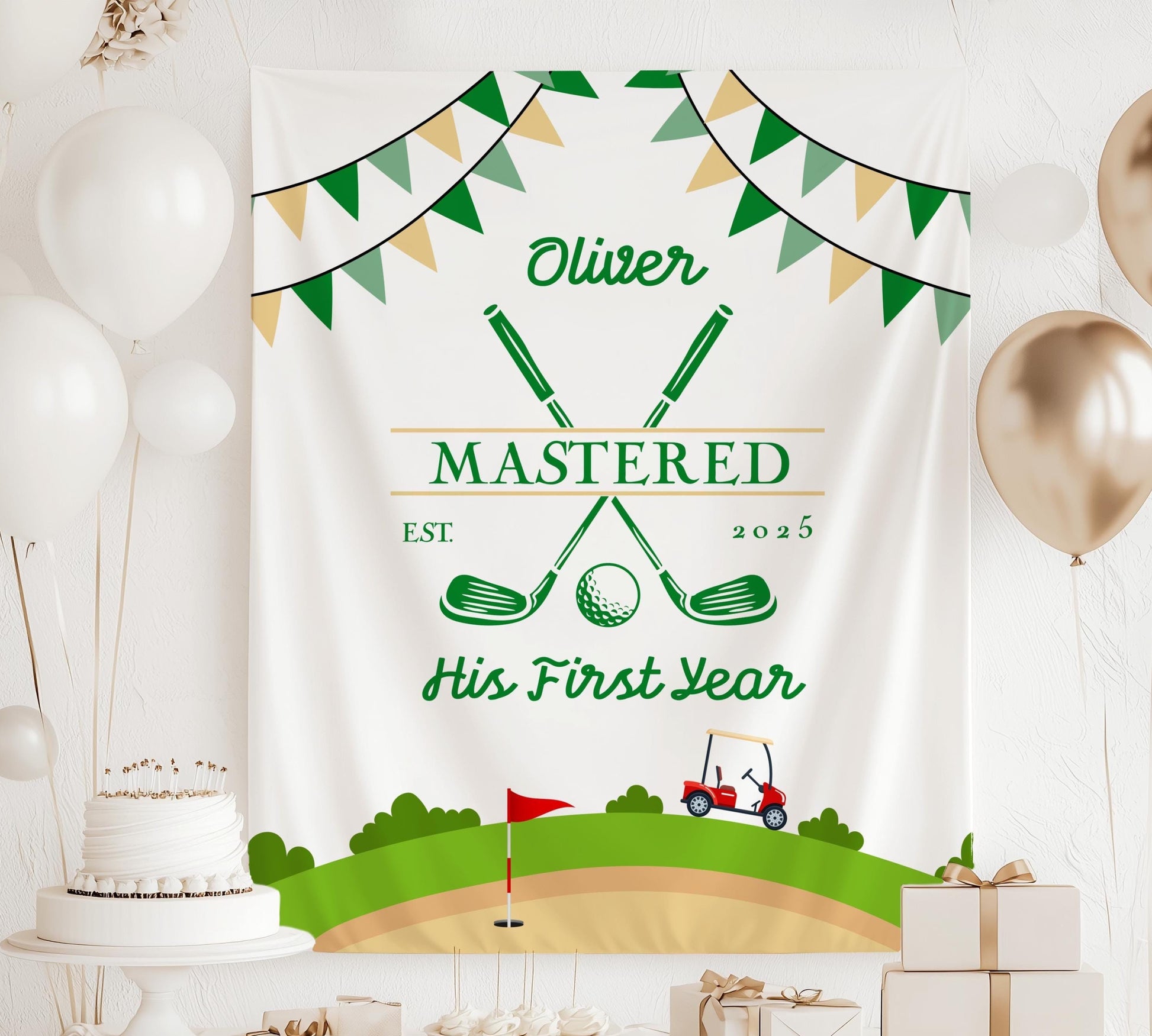 Mastered 1st Birthday Golf Banner Golf First Birthday Party Decoration Golf Hole Tapestry for Kid Birthday Part Mastered First Year Banner - LAUMIANstudio