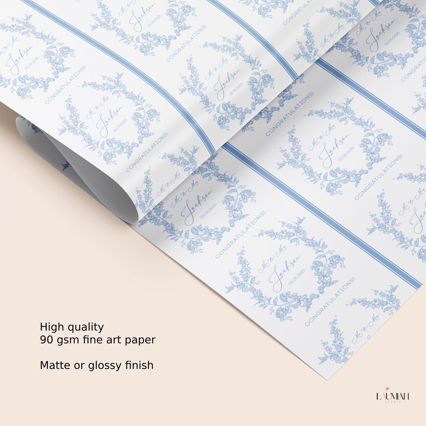 Blue Wedding Wrapping Paper Monogram Floral Wedding Gift Wrap Personalized Bride Groom Name Gift Wrap Blue Toile Wedding Wrap Paper - LAUMIANstudio