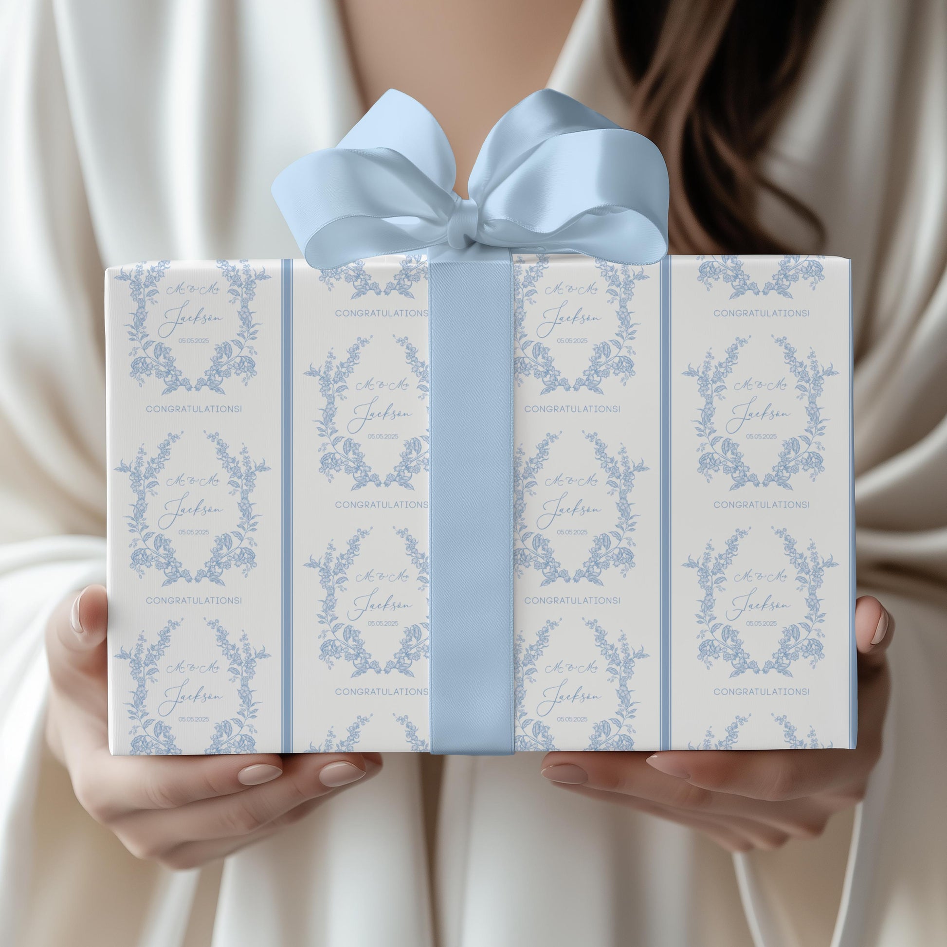 Blue Wedding Wrapping Paper Monogram Floral Wedding Gift Wrap Personalized Bride Groom Name Gift Wrap Blue Toile Wedding Wrap Paper - LAUMIANstudio