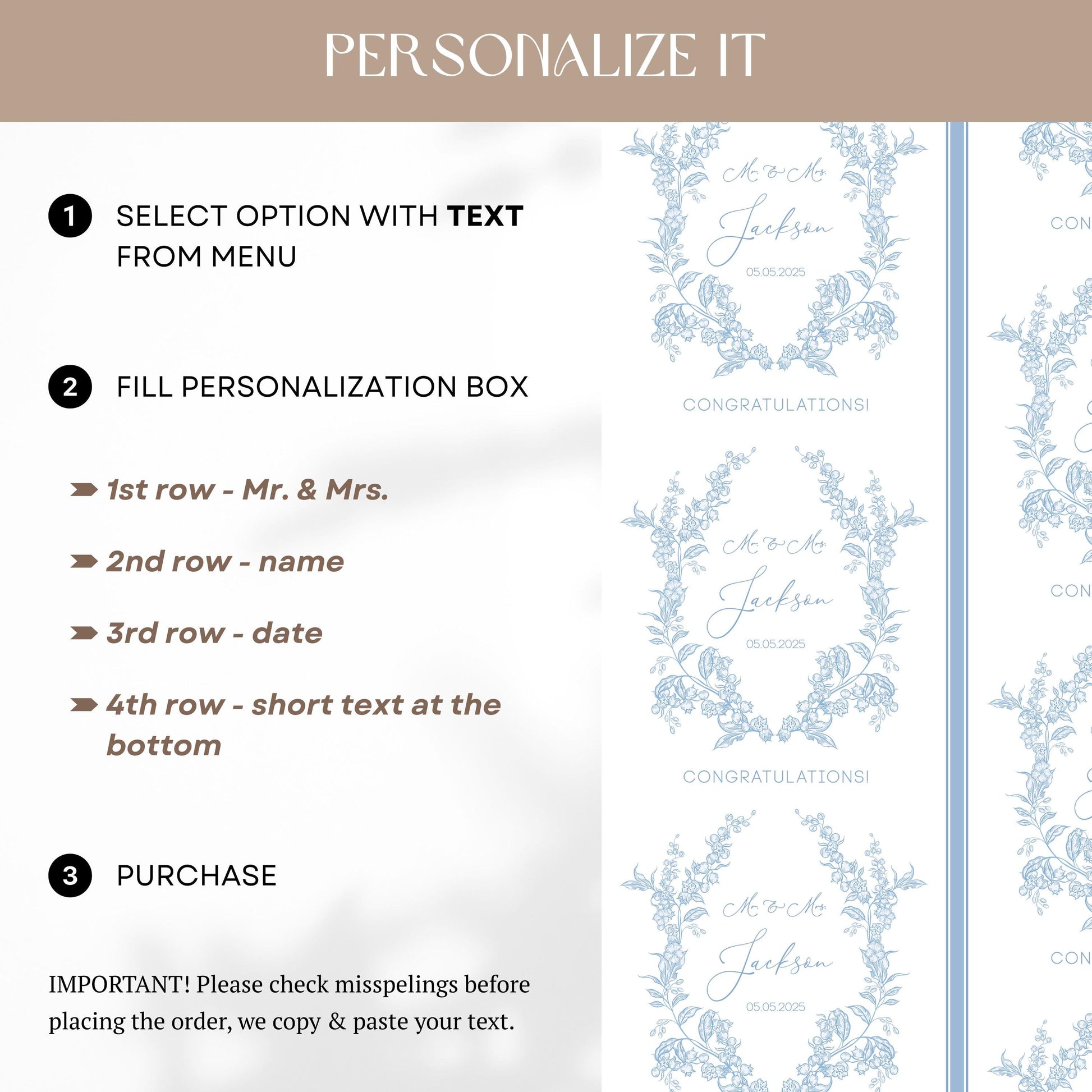Blue Wedding Wrapping Paper Monogram Floral Wedding Gift Wrap Personalized Bride Groom Name Gift Wrap Blue Toile Wedding Wrap Paper - LAUMIANstudio