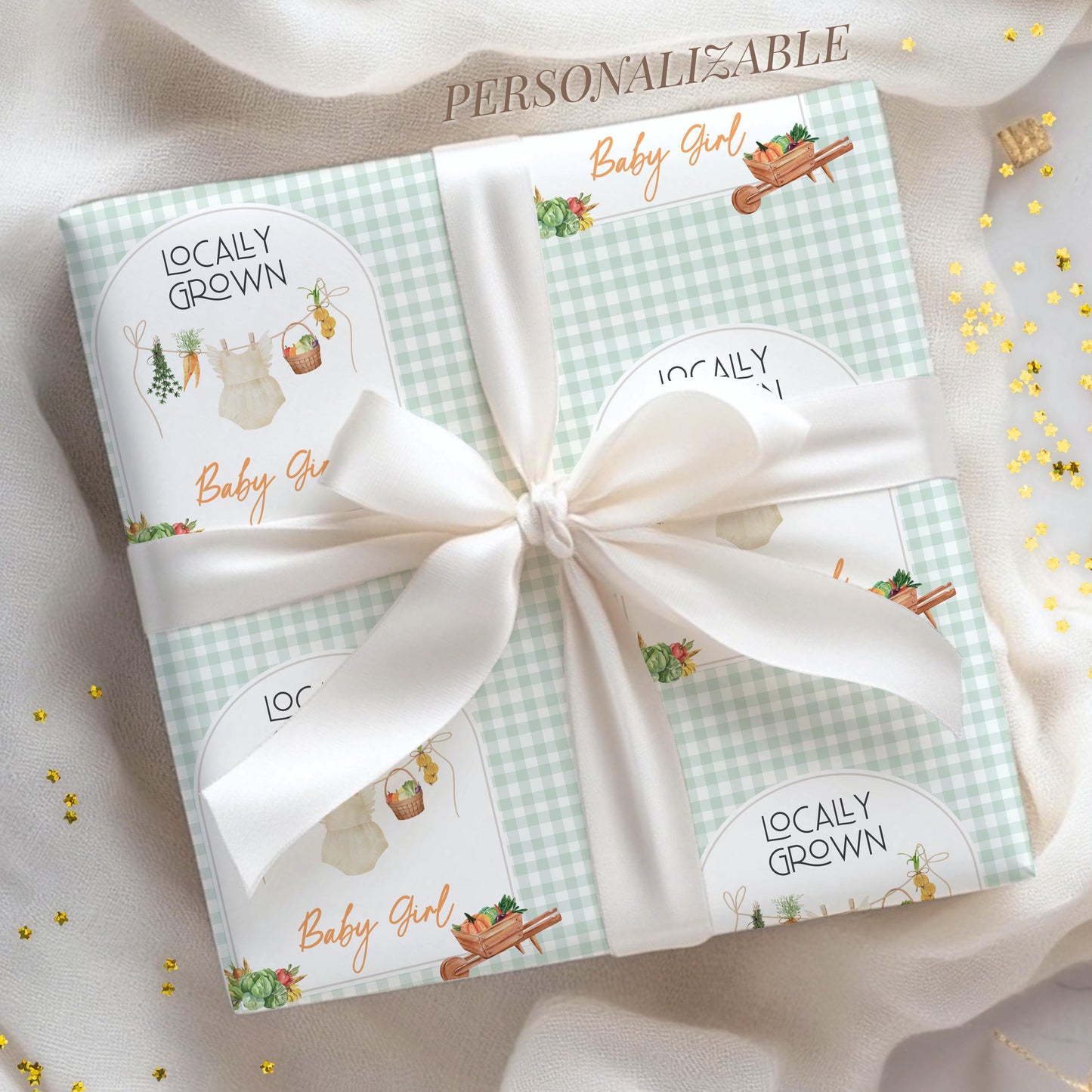 Custom Baby Shower Gift Wrap Green Locally Grown Baby Wrapping Paper Locally Grown Children Wrapping Organic Baby Gift Wrap Cute Baby Shower - LAUMIANstudio