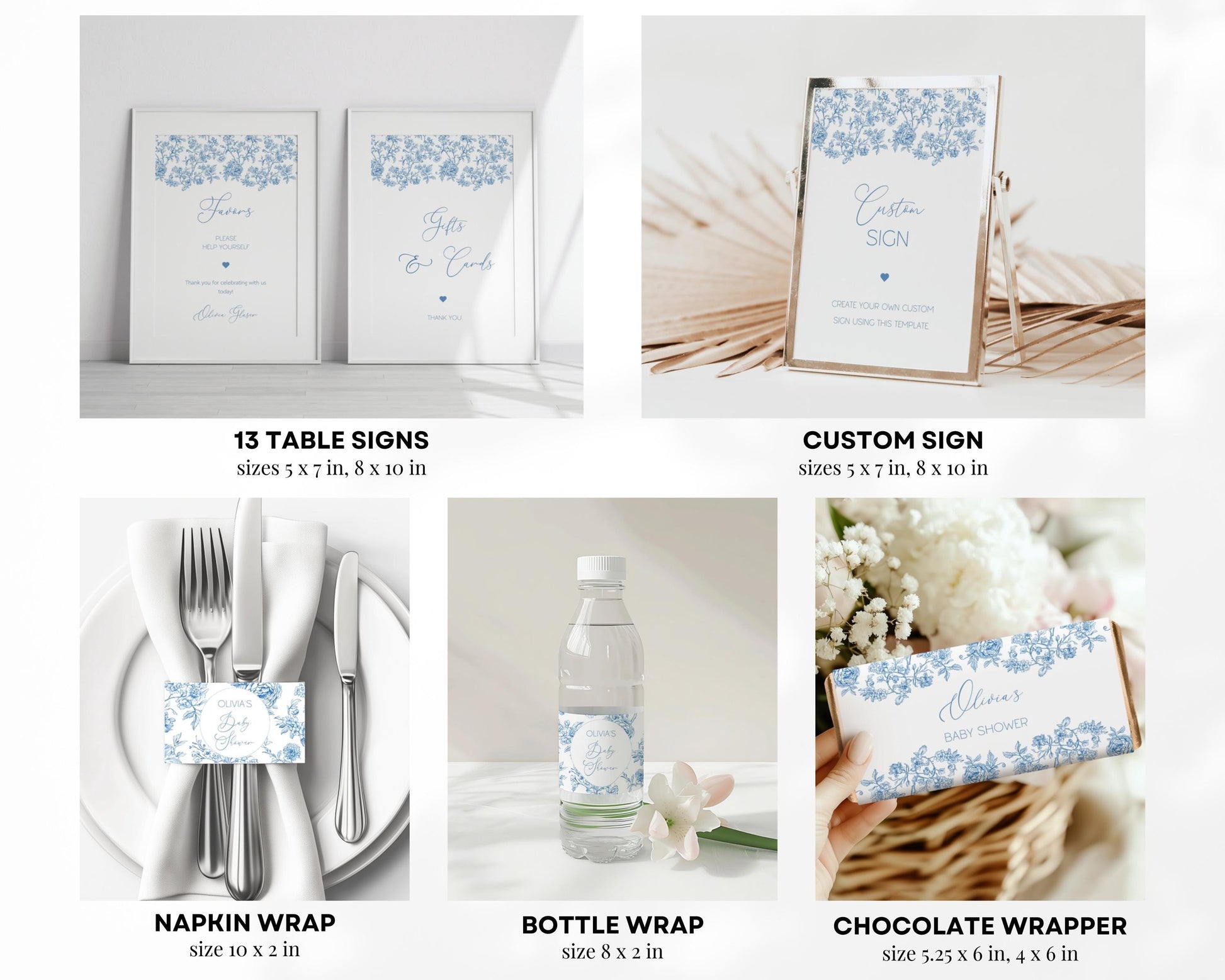 Blue Floral Toile Baby Shower Bundle Baby Boy in Bloom Shower Decor Luxury Flower Baby Shower Editable Template Canva Shower Printable Set - LAUMIANstudio