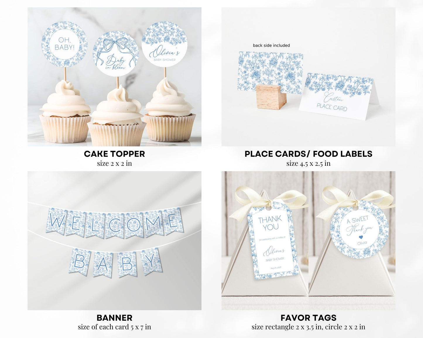 Baby Boy in Bloom Shower Editable Set Dusty Blue Flower Baby Shower Bundle Chinoiserie Floral Shower Bundle Canva Template Elegant Bow Print - LAUMIANstudio
