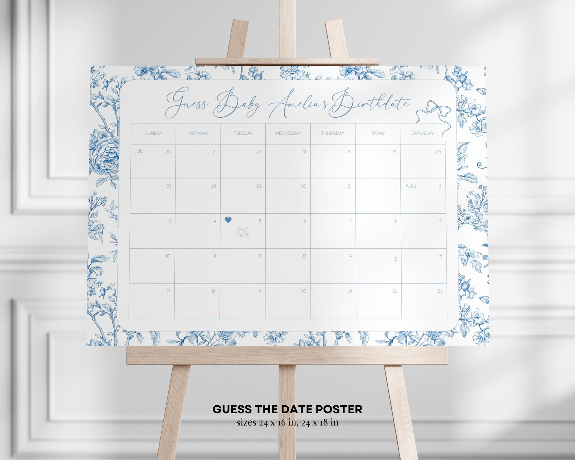 Baby Boy in Bloom Shower Editable Set Dusty Blue Flower Baby Shower Bundle Chinoiserie Floral Shower Bundle Canva Template Elegant Bow Print - LAUMIANstudio