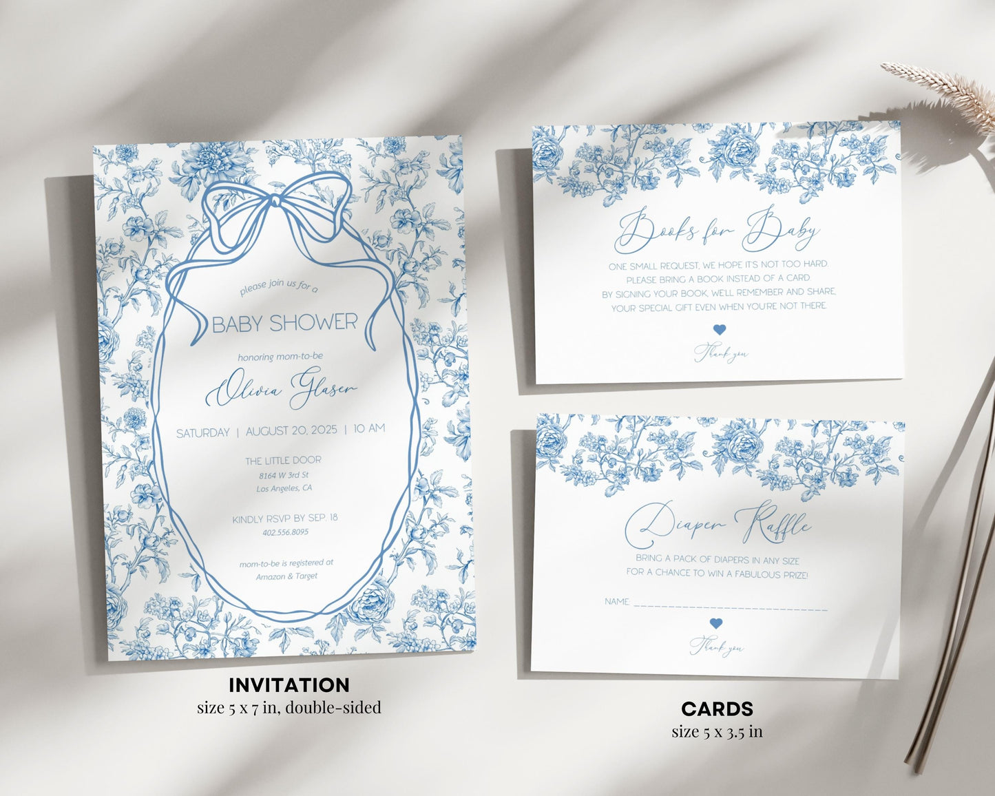 Baby Boy in Bloom Shower Editable Set Dusty Blue Flower Baby Shower Bundle Chinoiserie Floral Shower Bundle Canva Template Elegant Bow Print - LAUMIANstudio