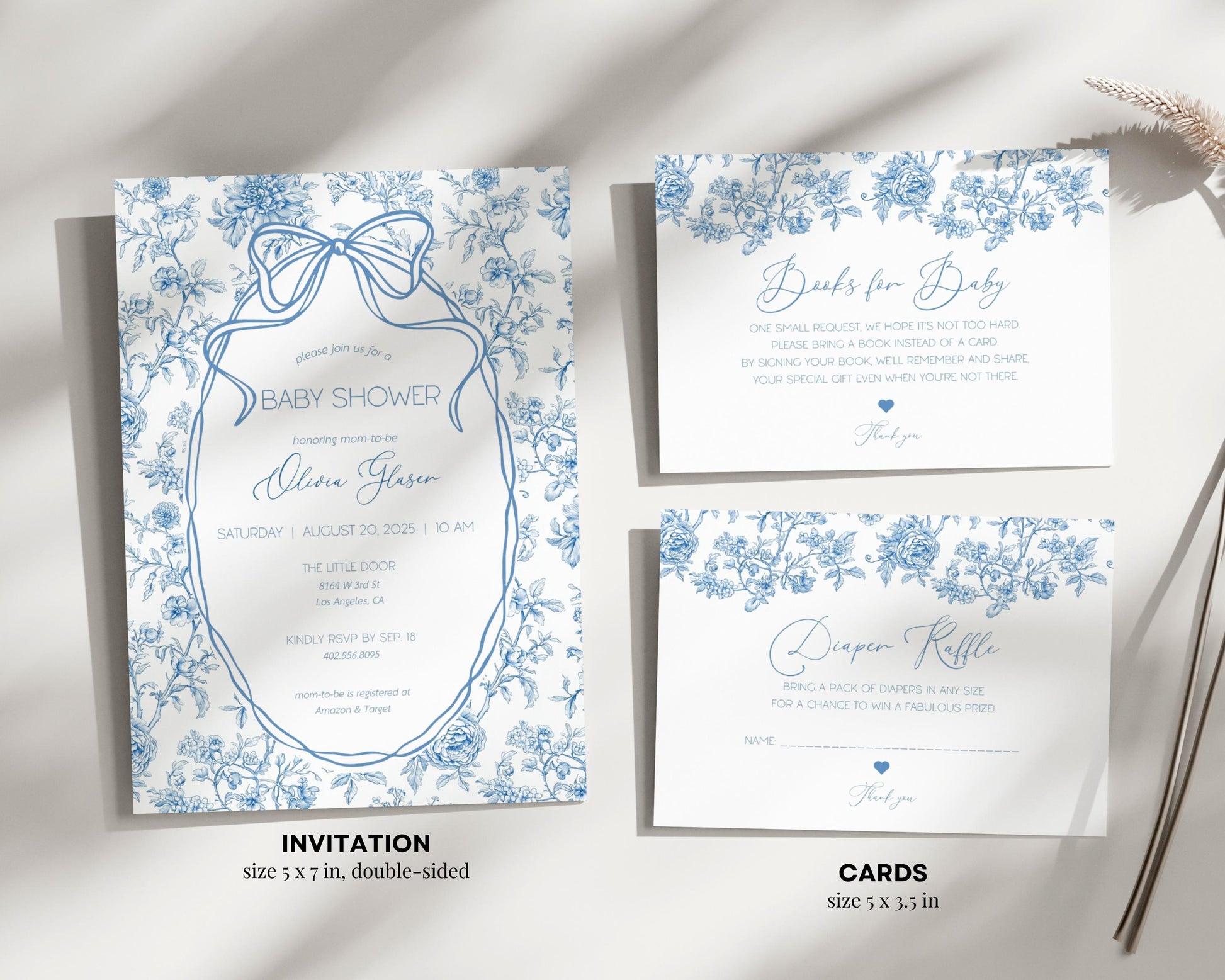Blue Floral Toile Baby Shower Bundle Baby Boy in Bloom Shower Decor Luxury Flower Baby Shower Editable Template Canva Shower Printable Set - LAUMIANstudio