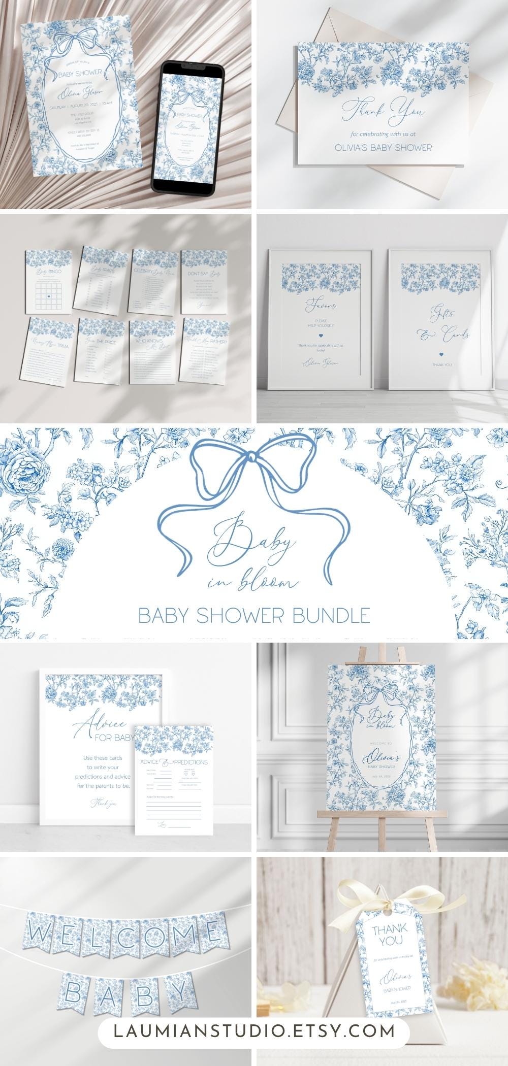 Baby Boy in Bloom Shower Editable Set Dusty Blue Flower Baby Shower Bundle Chinoiserie Floral Shower Bundle Canva Template Elegant Bow Print - LAUMIANstudio