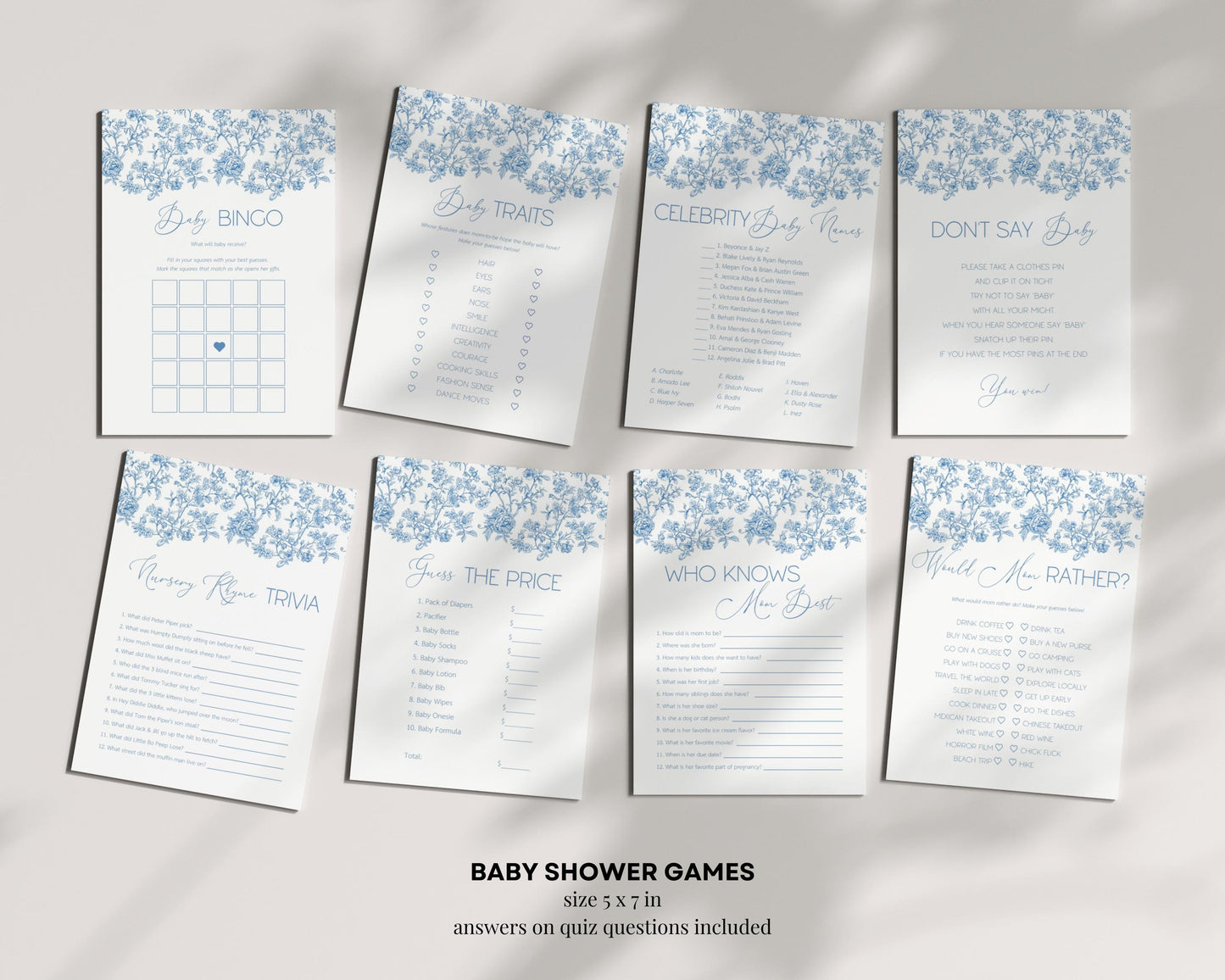 Baby Boy in Bloom Shower Editable Set Dusty Blue Flower Baby Shower Bundle Chinoiserie Floral Shower Bundle Canva Template Elegant Bow Print - LAUMIANstudio