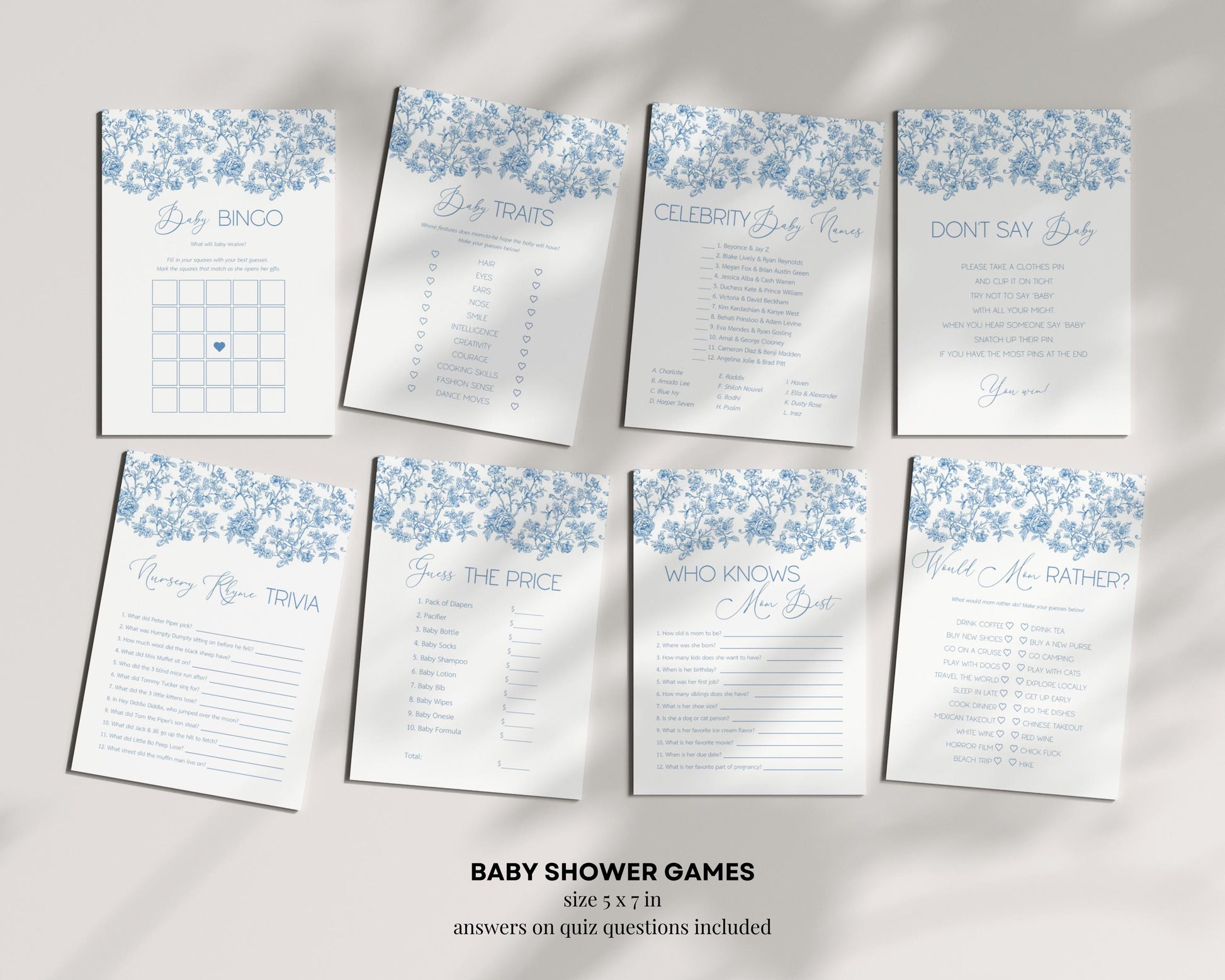 Baby Boy in Bloom Shower Editable Set Dusty Blue Flower Baby Shower Bundle Chinoiserie Floral Shower Bundle Canva Template Elegant Bow Print - LAUMIANstudio