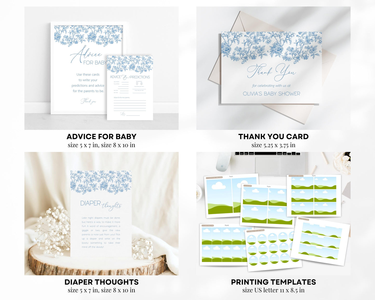 Baby Boy in Bloom Shower Editable Set Dusty Blue Flower Baby Shower Bundle Chinoiserie Floral Shower Bundle Canva Template Elegant Bow Print - LAUMIANstudio