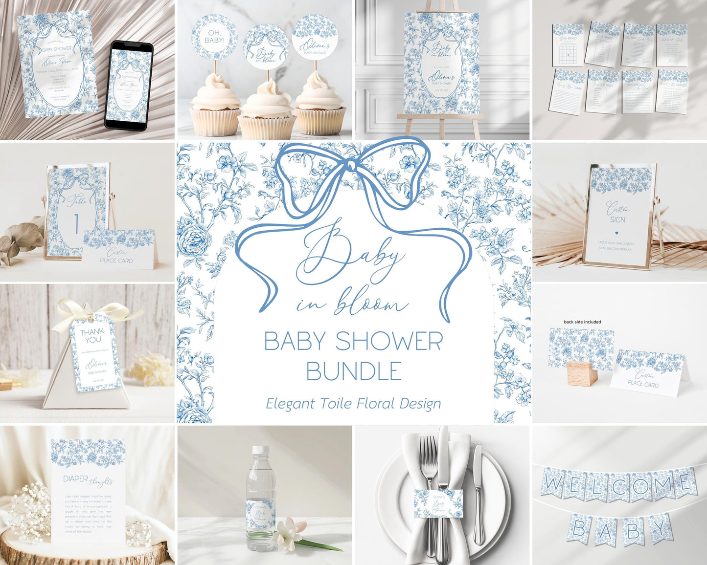 Blue Floral Toile Baby Shower Bundle Baby Boy in Bloom Shower Decor Luxury Flower Baby Shower Editable Template Canva Shower Printable Set - LAUMIANstudio