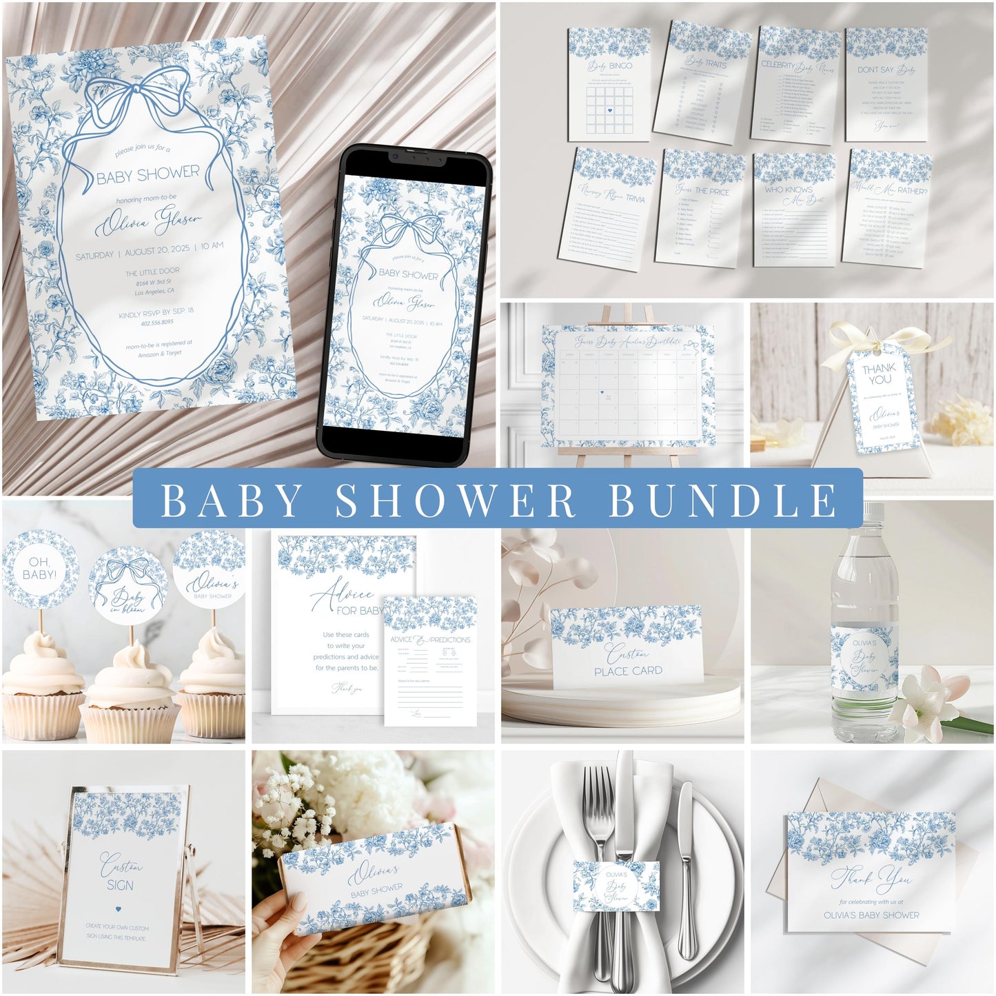 Baby Boy in Bloom Shower Editable Set Dusty Blue Flower Baby Shower Bundle Chinoiserie Floral Shower Bundle Canva Template Elegant Bow Print - LAUMIANstudio