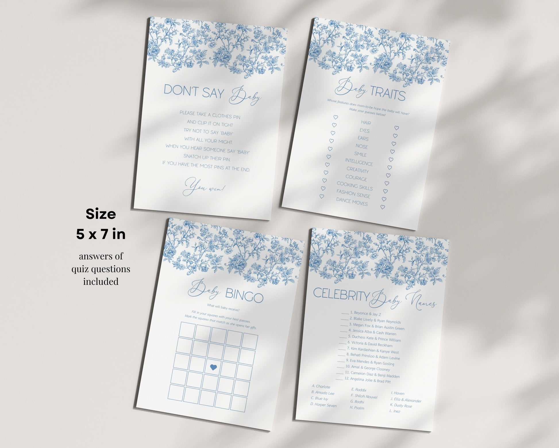 Baby Boy Shower Game Bundle Dusty Blue Bow Baby Sprinkle Game Set Editable Canva Template Summer Floral Shower Party Game Flower Theme Games - LAUMIANstudio