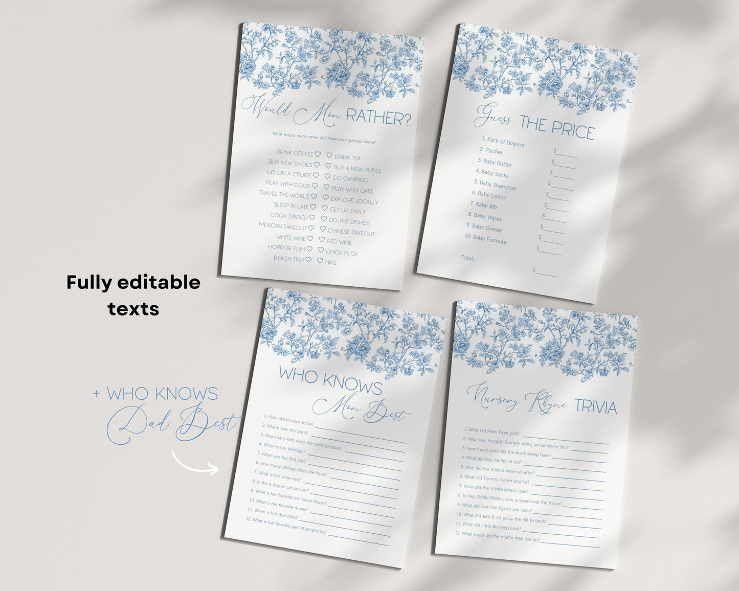 Baby Boy Shower Game Bundle Dusty Blue Bow Baby Sprinkle Game Set Editable Canva Template Summer Floral Shower Party Game Flower Theme Games - LAUMIANstudio