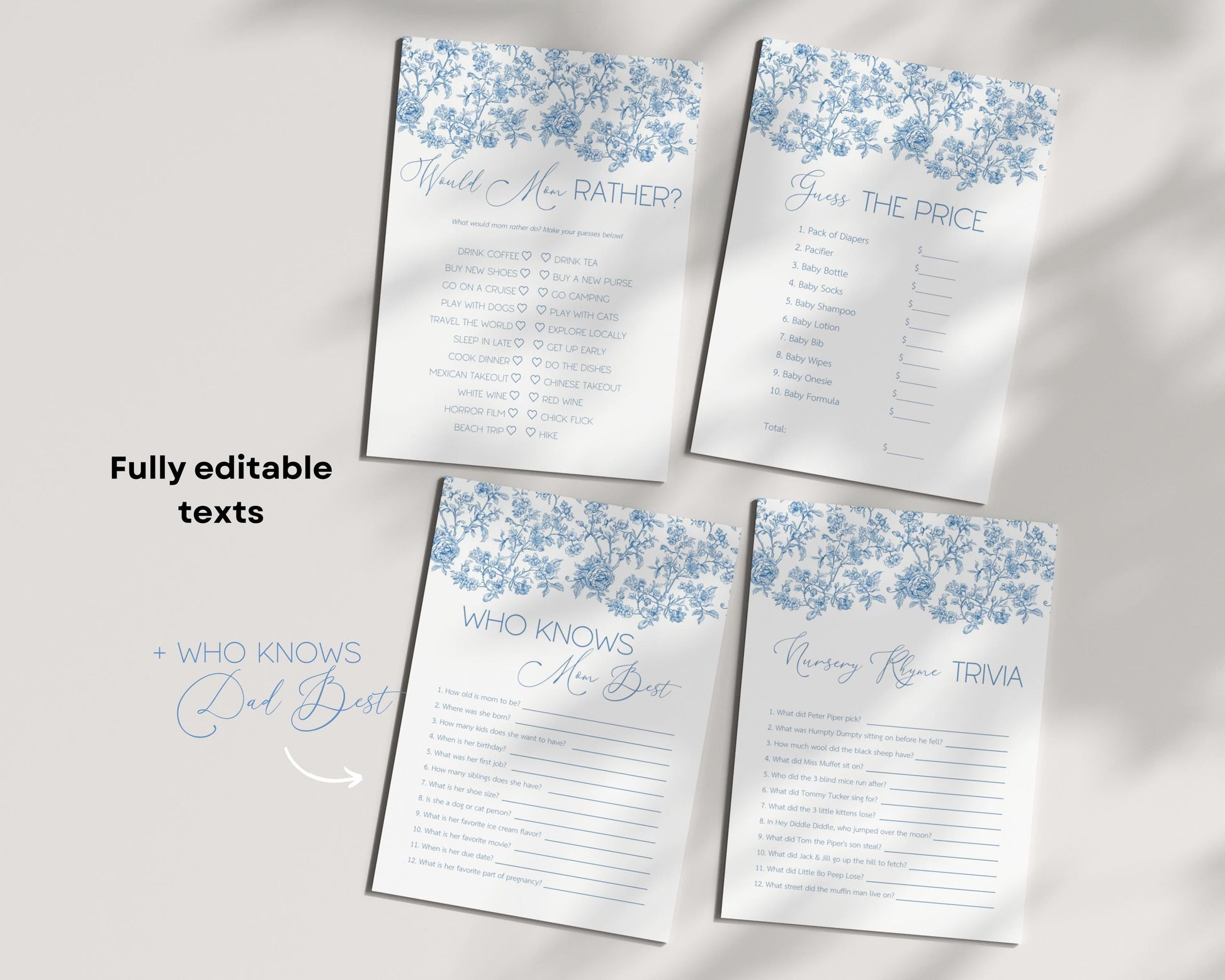 Baby Boy Shower Game Bundle Dusty Blue Bow Baby Sprinkle Game Set Editable Canva Template Summer Floral Shower Party Game Flower Theme Games - LAUMIANstudio