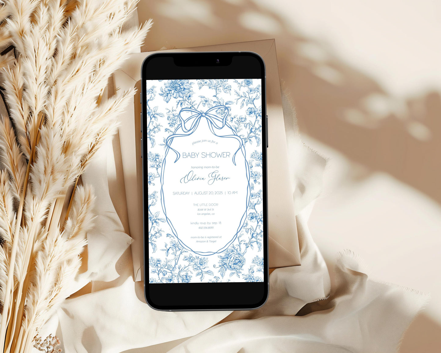 Blue Bow Mobile Invitation Template Baby Boy Shower Digital Invite Blue Floral Toile Evite Elegant Minimalist Invite Baby in Bloom Evite - LAUMIANstudio