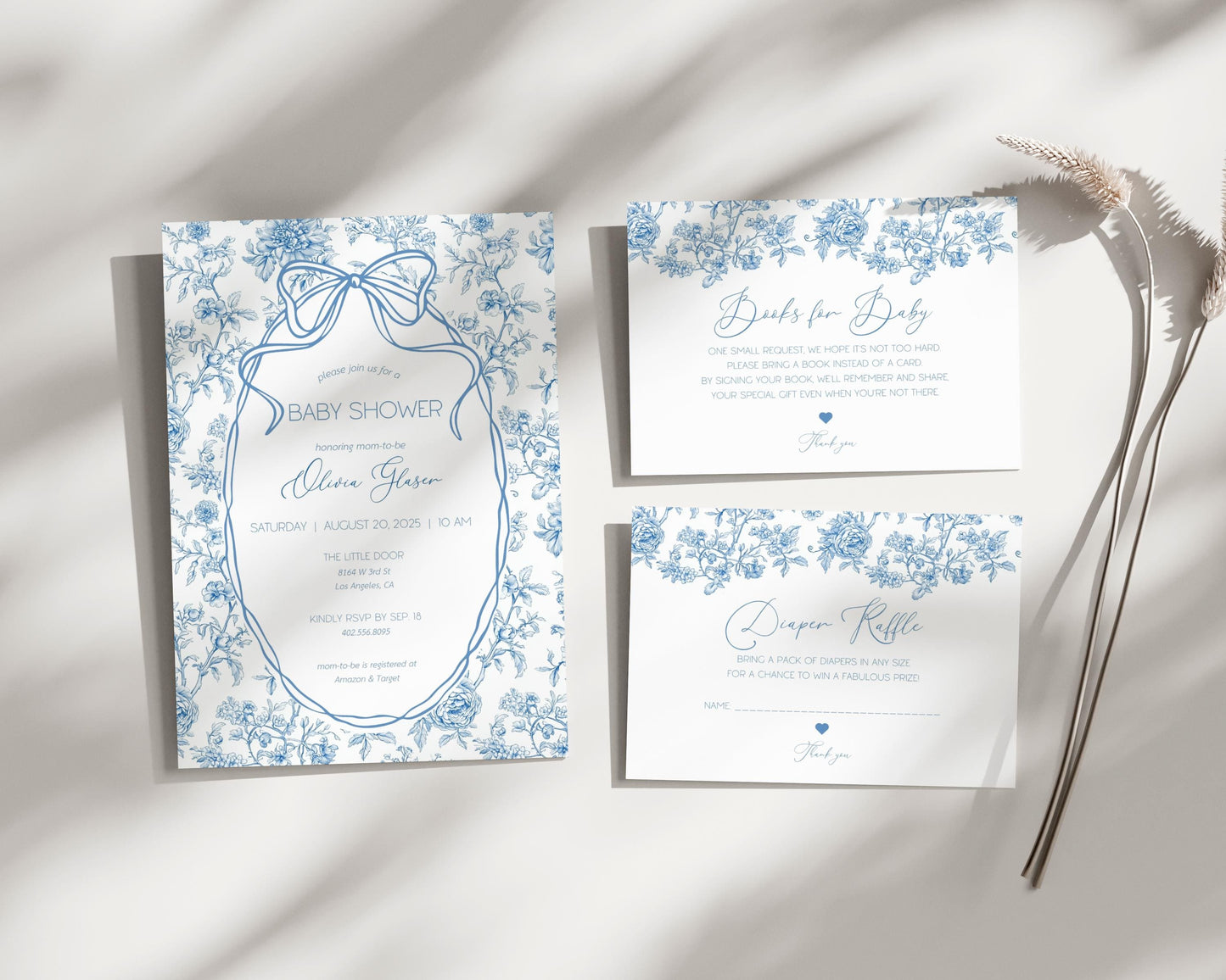 Blue Baby Boy Shower Sprinkle Invitation Blue Bow Invite Card Books for Baby Enclosure Card Diaper Raffle Card Floral Invite Template Canva - LAUMIANstudio