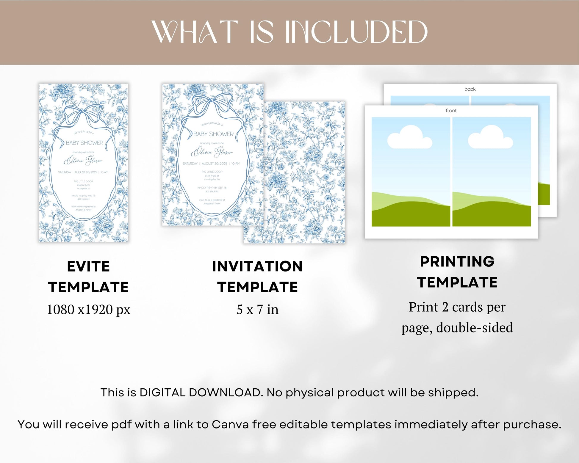 Blue Floral Invitation Template Dusty Blue Baby Boy Shower Evite Luxury Dior Style Digital Invite Blue Toile Bow Invitation Canva Template - LAUMIANstudio