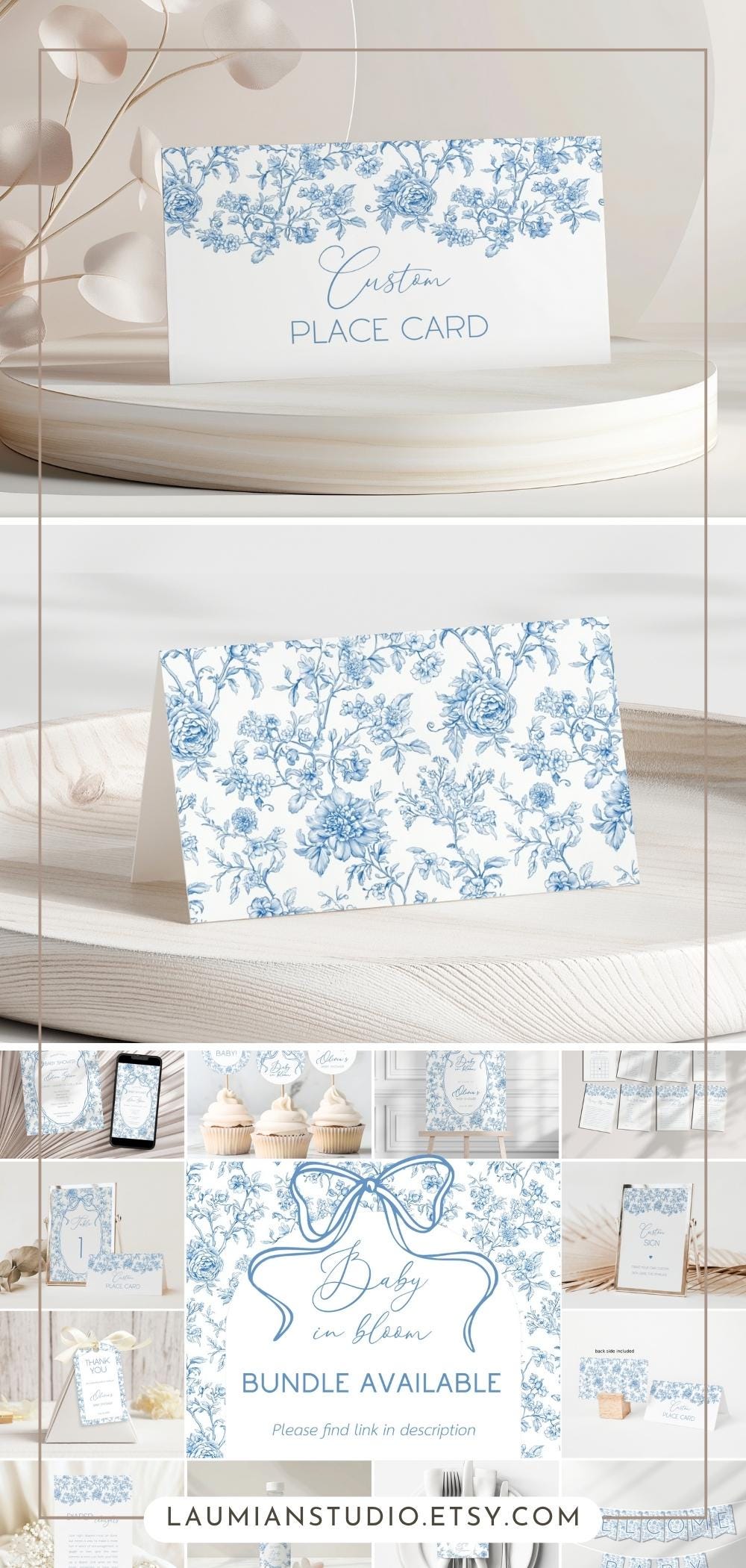 Blue Bow Place Card Blue Baby Sprinkle Meal Card Template Floral Baby Shower Name Card Elegant Toile de Jouy Table Card Printable Template - LAUMIANstudio