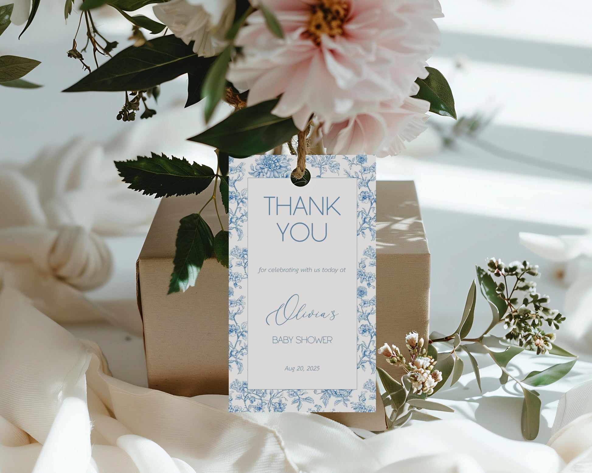 Blue Toile Floral Favor Tag Dusty Baby Sprinkle Circle Favor Tag Editable Template Rectangle Chinoiserie Favor Tag Printable Party Gift Tag - LAUMIANstudio