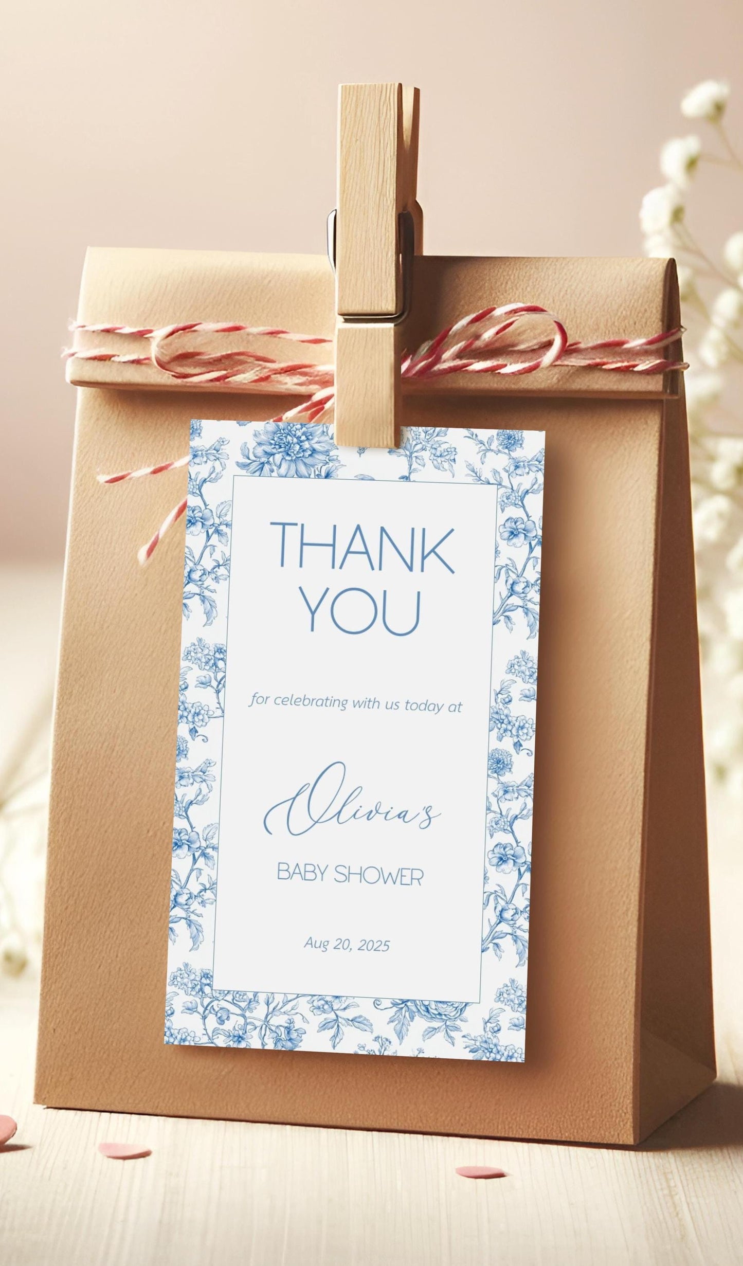 Blue Toile Floral Favor Tag Dusty Baby Sprinkle Circle Favor Tag Editable Template Rectangle Chinoiserie Favor Tag Printable Party Gift Tag - LAUMIANstudio