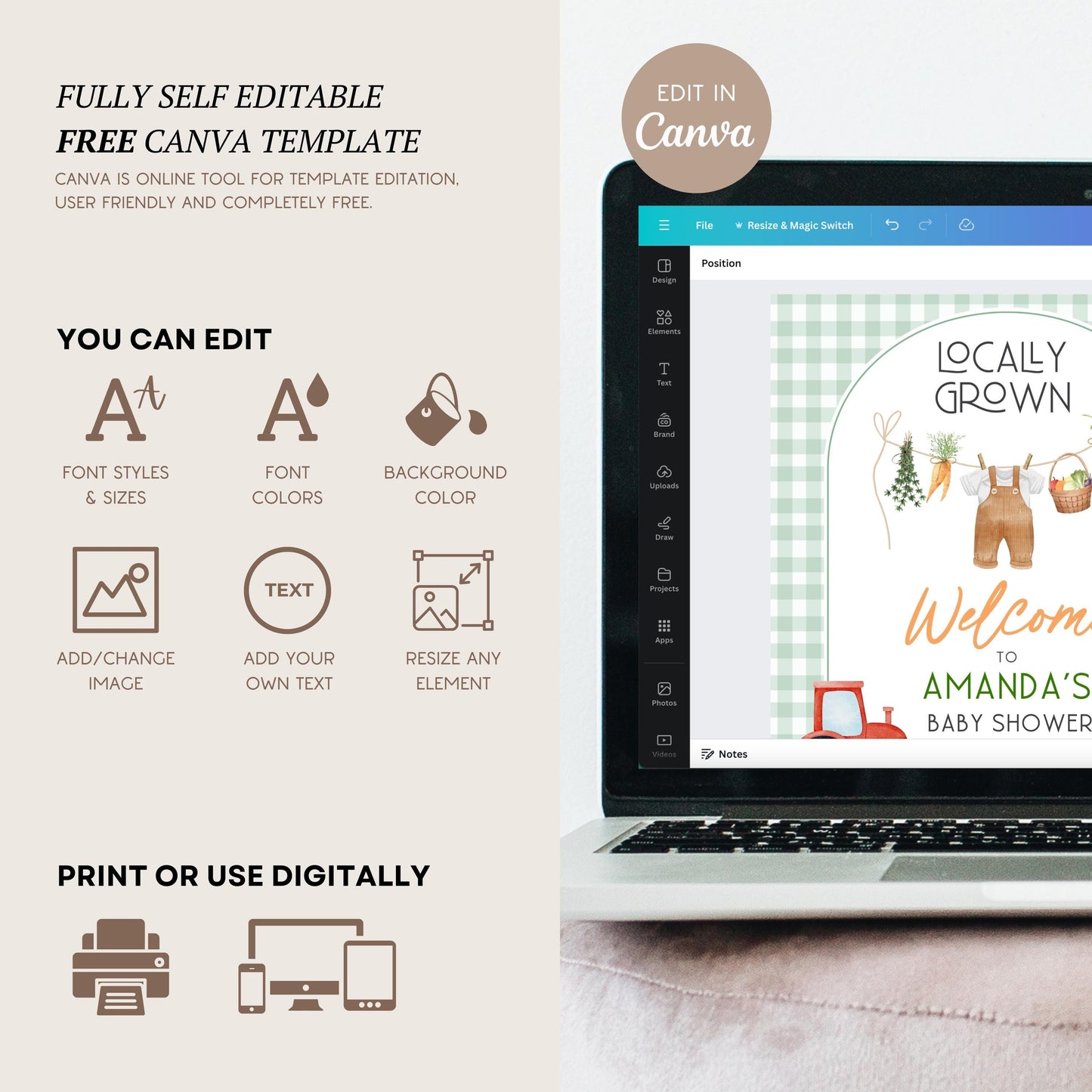 Locally Grown Welcome Sign Locally Grown Baby Shower Sign Editable Template Farm Baby Shower Sign Gender Neutral Baby Shower Decor Baby Boy - LAUMIANstudio