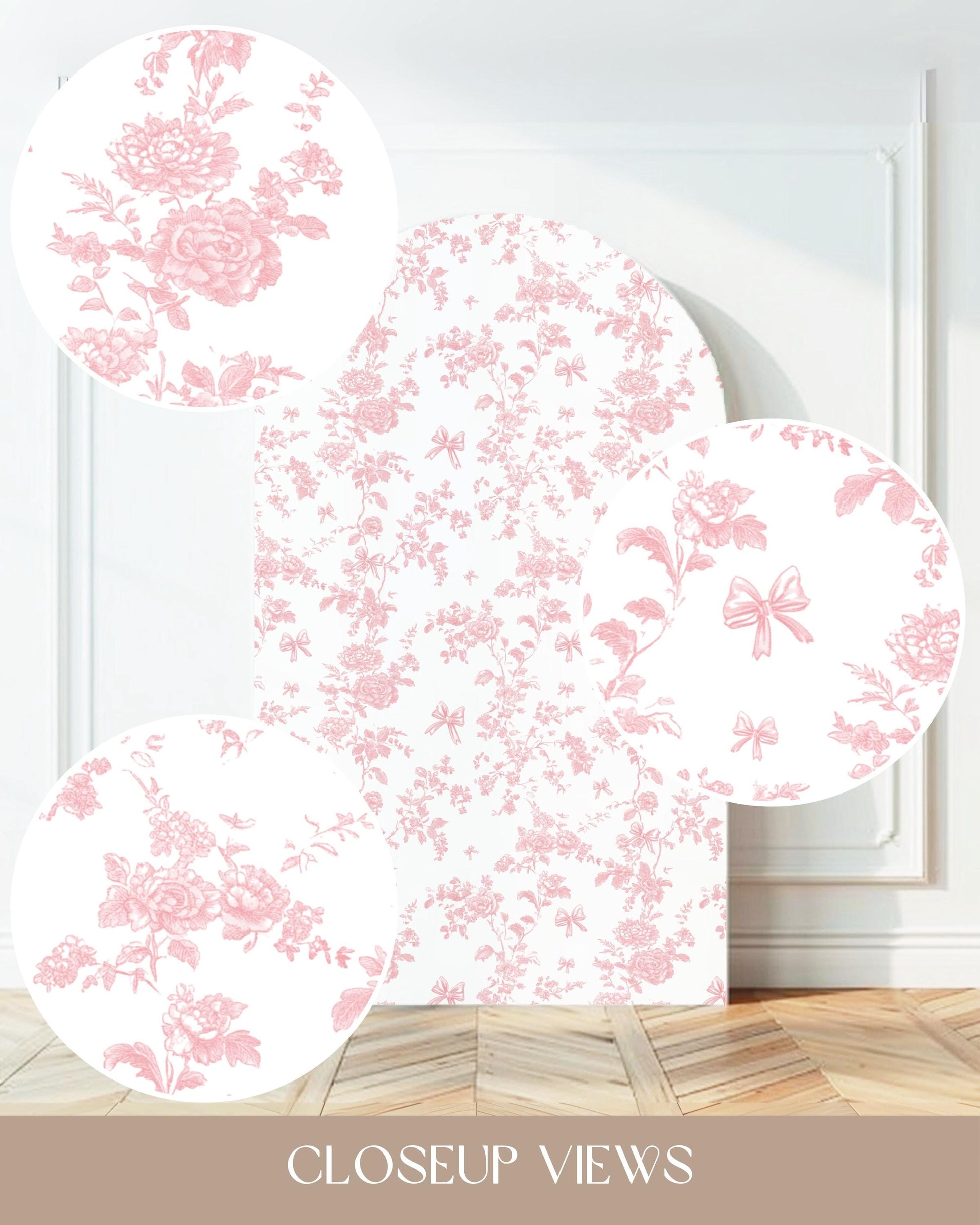 Pink Floral Backdrop Girly Pink Bow Arch Backdrop Pink Toile de Jouy Baby Shower Backdrop Pink Bow Backdrop 1st Birthday Baby Girl Decor - LAUMIANstudio