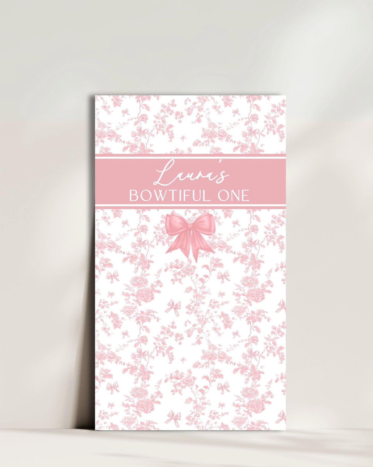Bowtiful One Birthday Backdrop Toile Pink Bow 1st Birthday Arch Backdrop Baby Girl First Birthday Banner Toile Floral Garden Party Backdrop - LAUMIANstudio