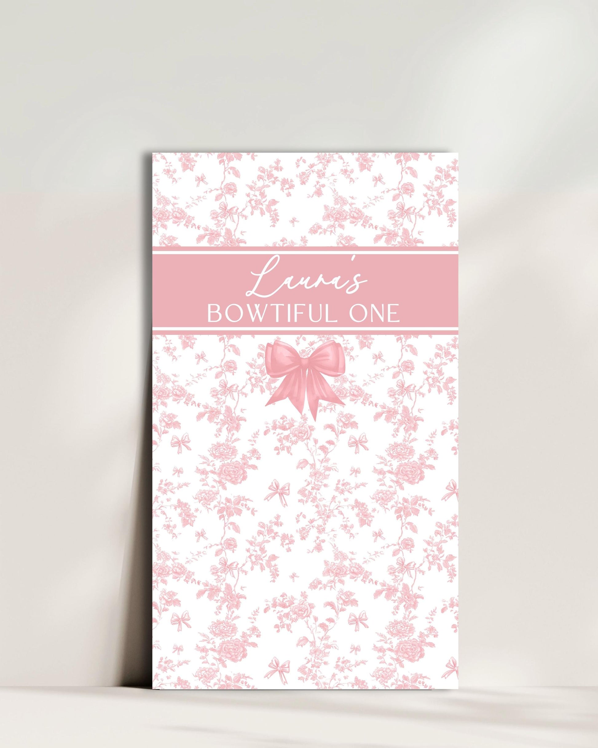 Bowtiful One Birthday Backdrop Toile Pink Bow 1st Birthday Arch Backdrop Baby Girl First Birthday Banner Toile Floral Garden Party Backdrop - LAUMIANstudio