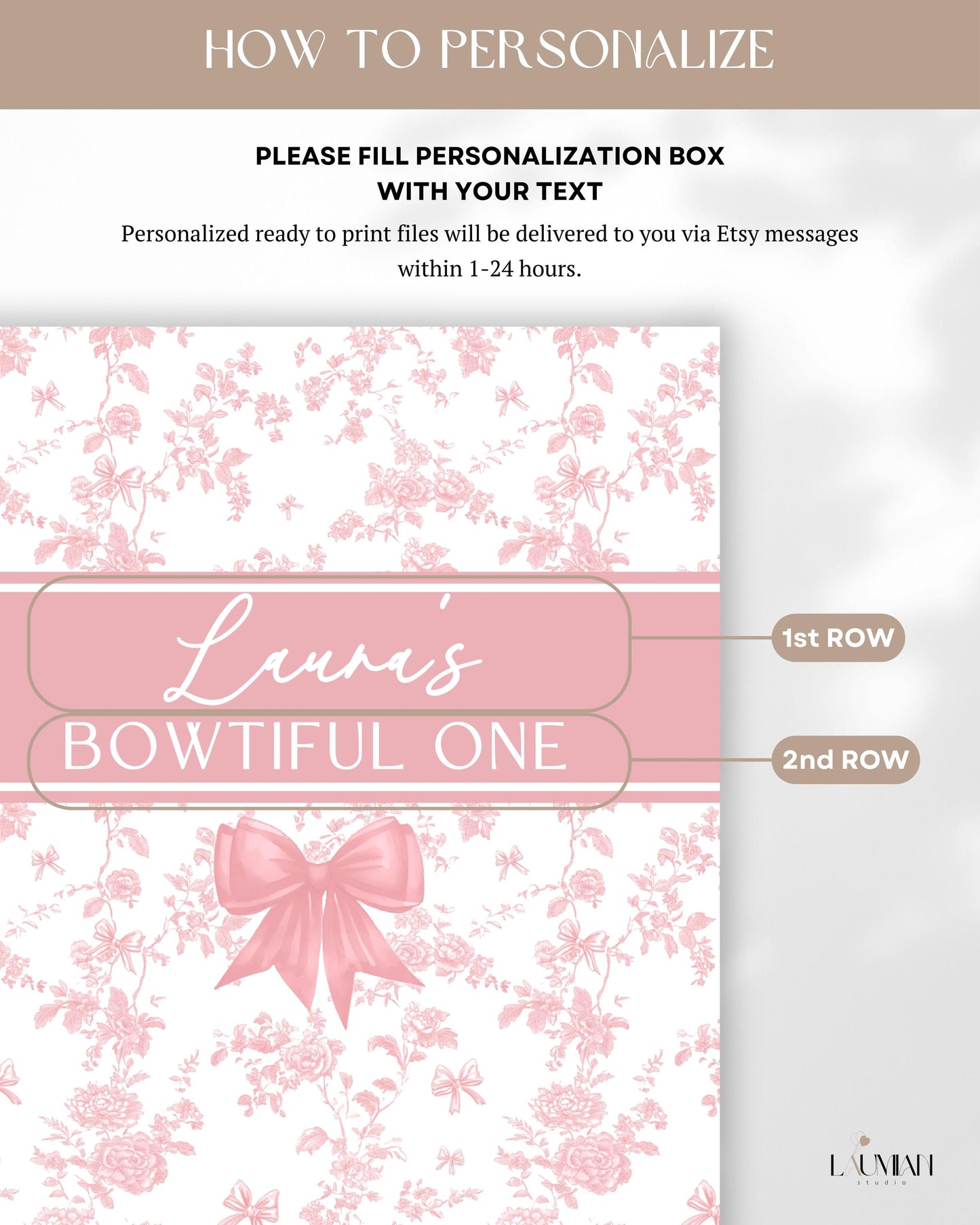 Bowtiful One Birthday Backdrop Toile Pink Bow 1st Birthday Arch Backdrop Baby Girl First Birthday Banner Toile Floral Garden Party Backdrop - LAUMIANstudio