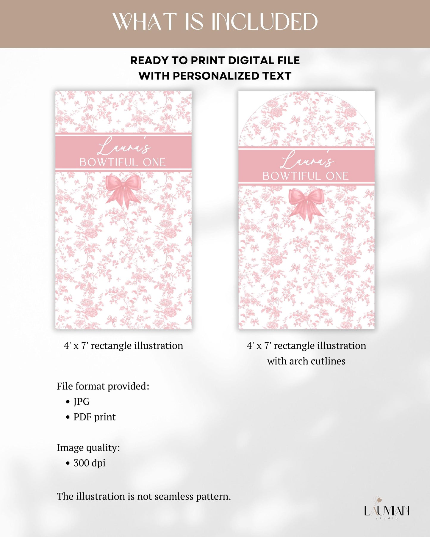 Bowtiful One Birthday Backdrop Toile Pink Bow 1st Birthday Arch Backdrop Baby Girl First Birthday Banner Toile Floral Garden Party Backdrop - LAUMIANstudio