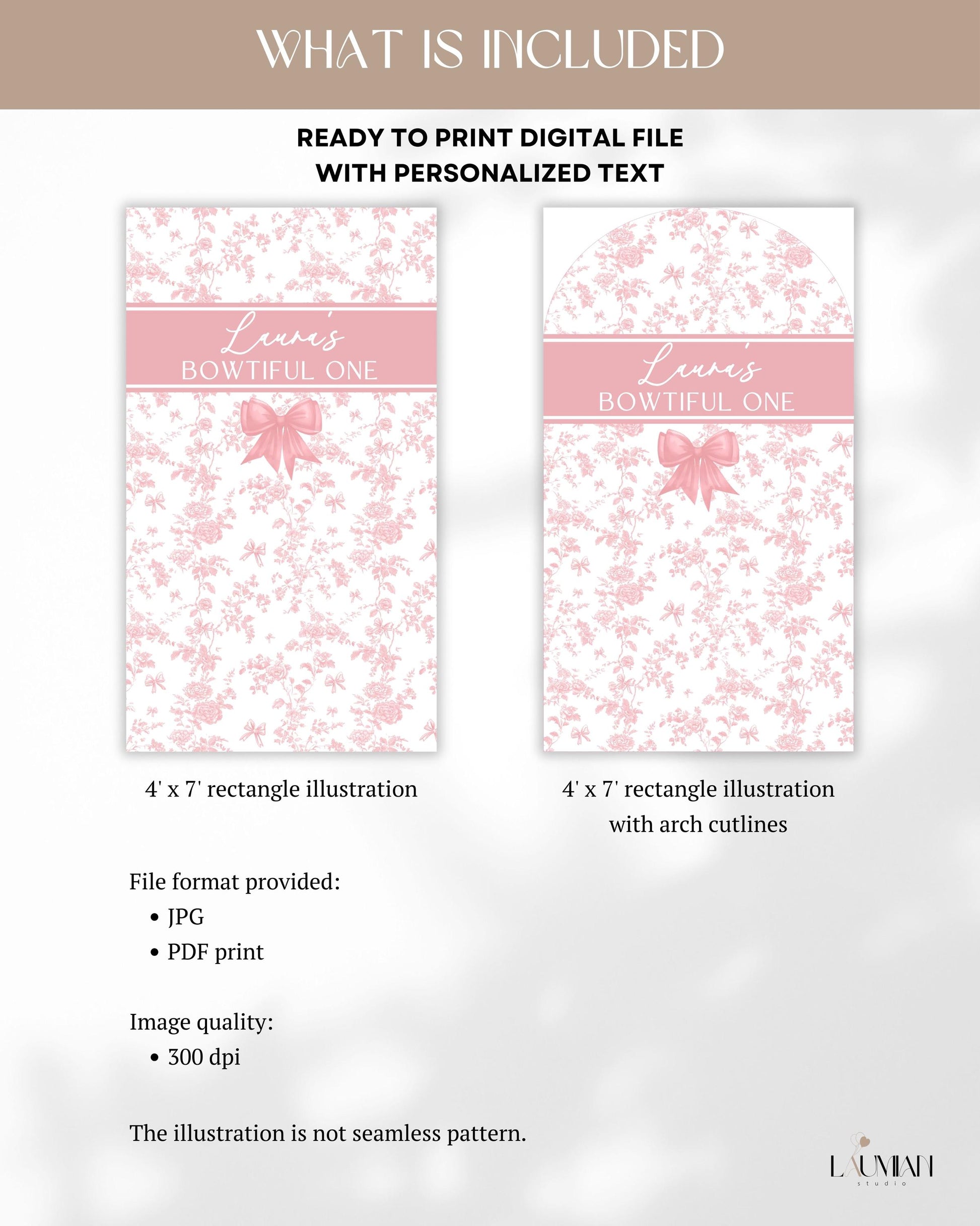 Bowtiful One Birthday Backdrop Toile Pink Bow 1st Birthday Arch Backdrop Baby Girl First Birthday Banner Toile Floral Garden Party Backdrop - LAUMIANstudio