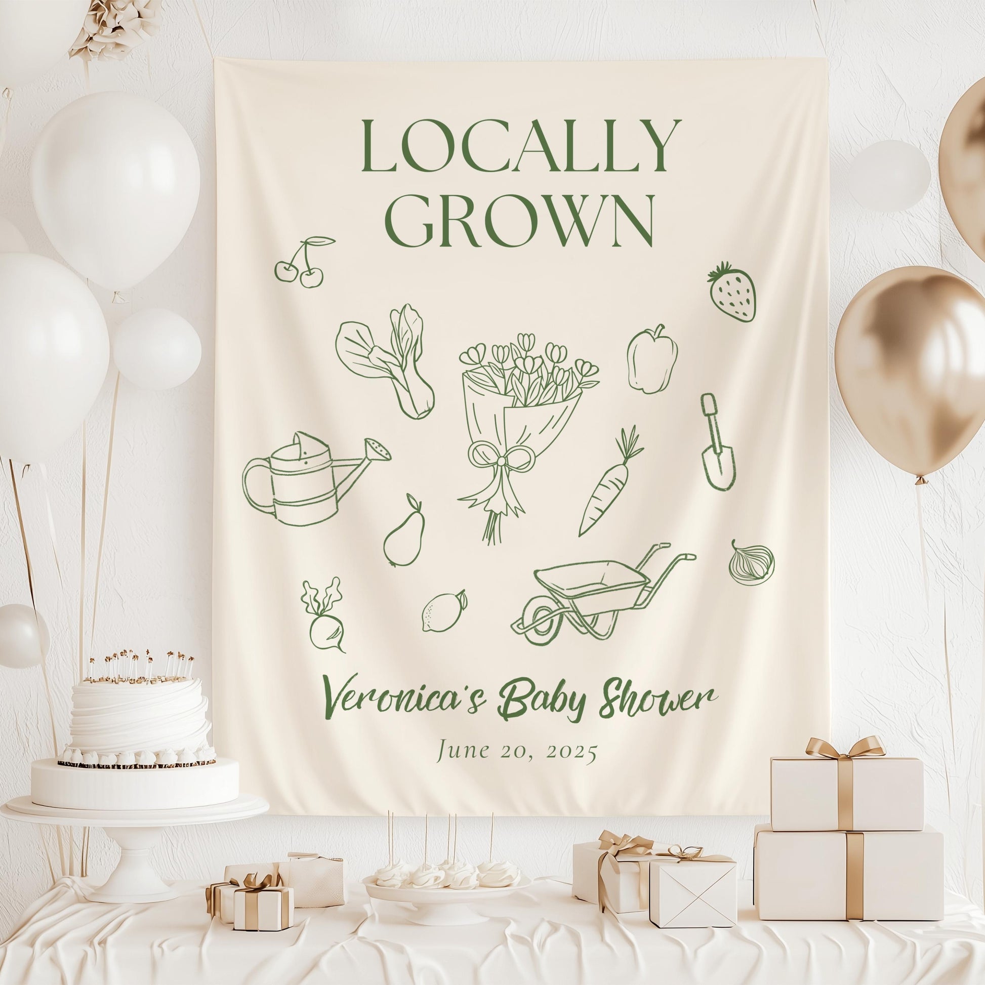 Personalized Locally Grown Shower Backdrop Flower Market Shower Banner Minimalist Baby Shower Tapestry Organic Baby Shower Sign Line Art - LAUMIANstudio