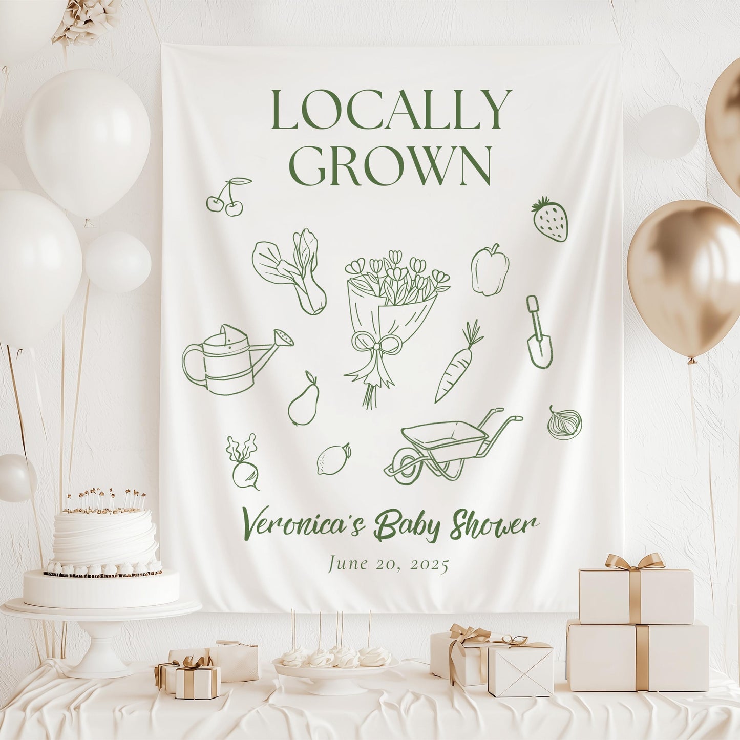 Personalized Locally Grown Shower Backdrop Flower Market Shower Banner Minimalist Baby Shower Tapestry Organic Baby Shower Sign Line Art - LAUMIANstudio