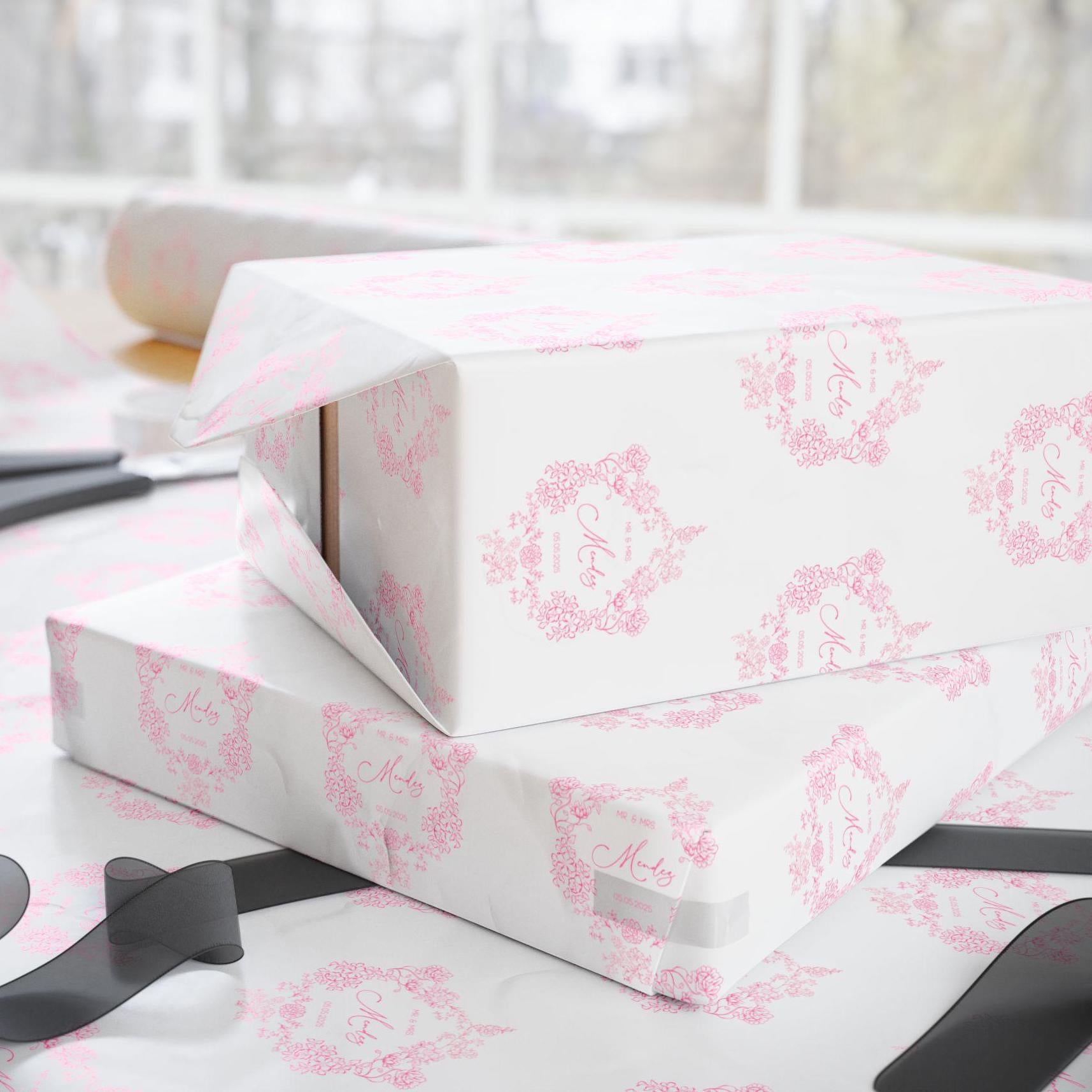 Pink Wedding Wrapping Paper Personalized Bride Groom Name Gift Wrapping Soft Pink Wedding Wrap Personalized Couple Name Emblem - LAUMIANstudio