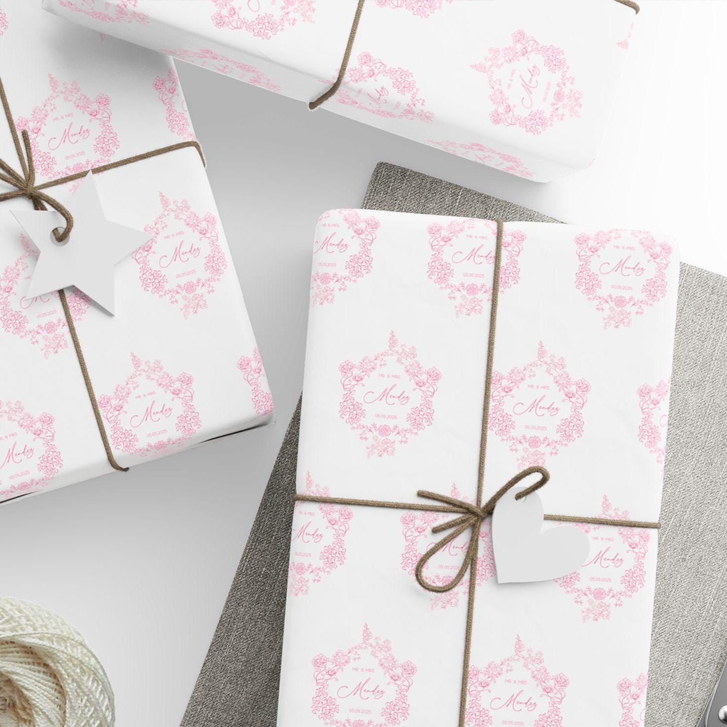 Pink Wedding Wrapping Paper Personalized Bride Groom Name Gift Wrapping Soft Pink Wedding Wrap Personalized Couple Name Emblem - LAUMIANstudio