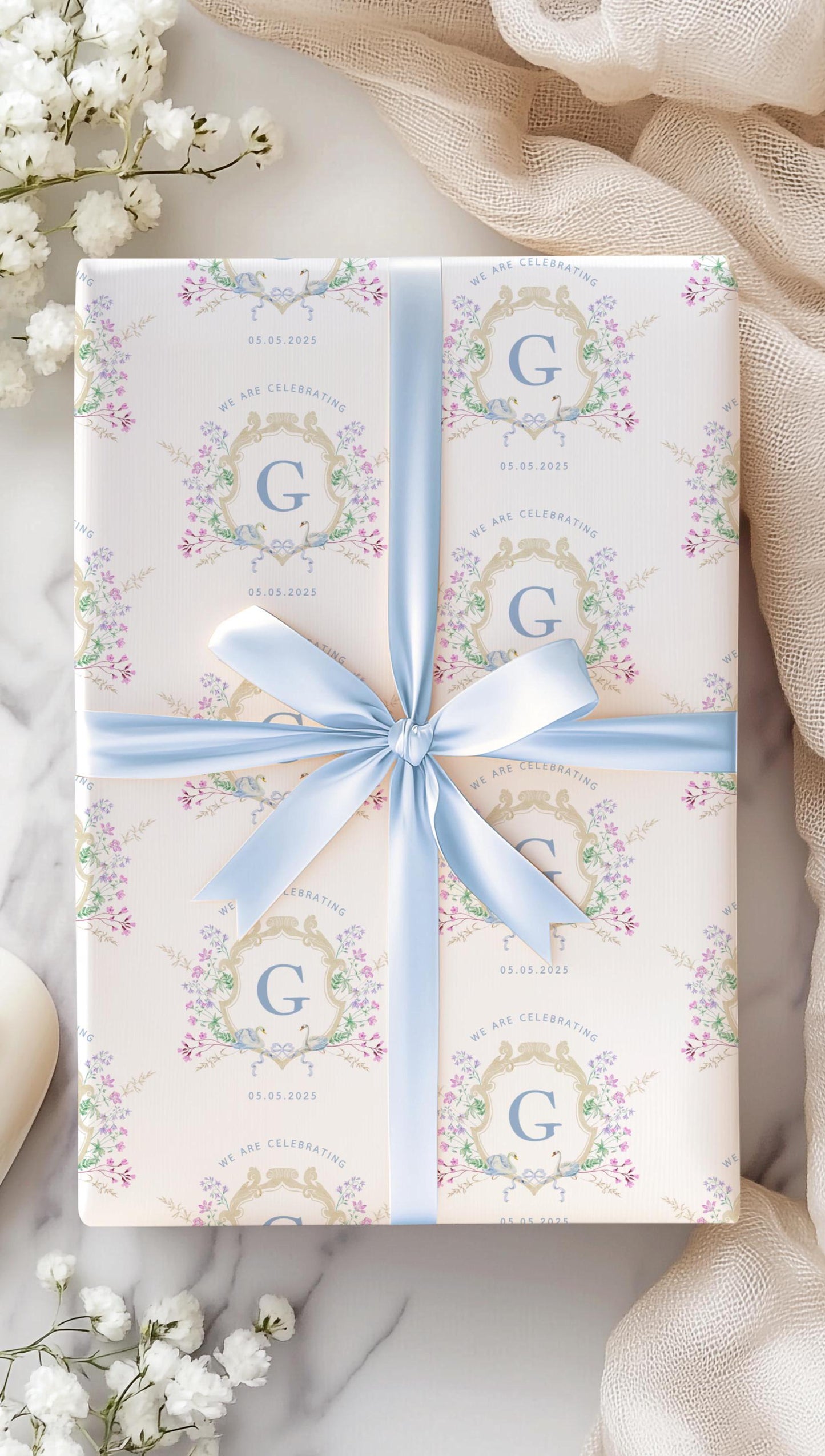Elegant Wedding Gift Wrap Custom Bride Groom Name Wrapping Paper Personalized Floral Engagement Gift Packaging Emblem Wrapping Paper Roll - LAUMIANstudio