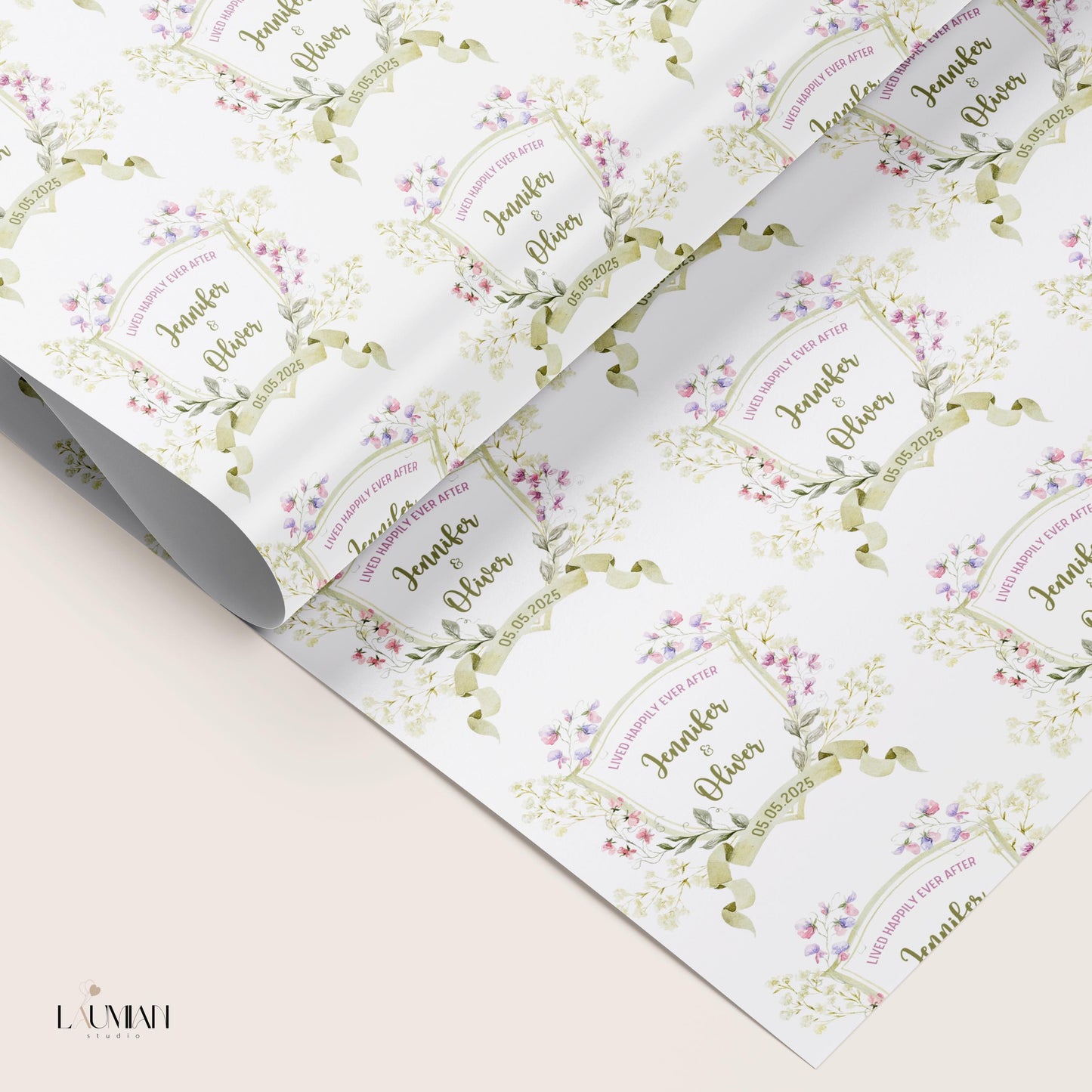 Personalised Weeding Wrapping Paper Custom Name Mr and Mrs Gift Wrap Roll Matte Wedding Wrapping Paper Elegant Floral Engagement Gift Paper - LAUMIANstudio