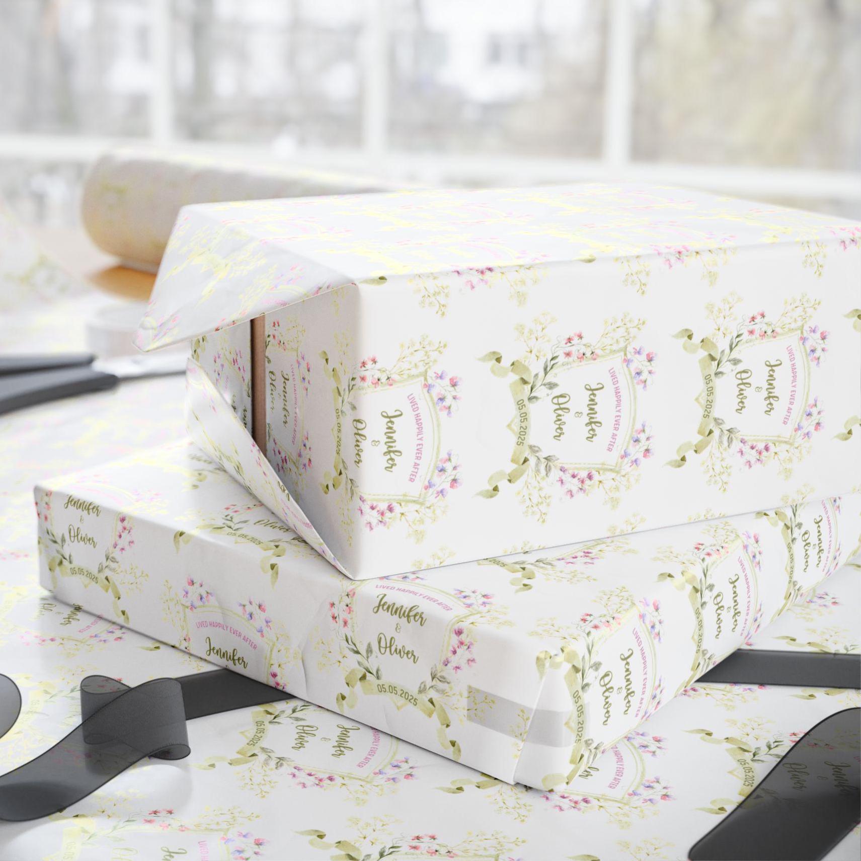 Personalised Weeding Wrapping Paper Custom Name Mr and Mrs Gift Wrap Roll Matte Wedding Wrapping Paper Elegant Floral Engagement Gift Paper - LAUMIANstudio