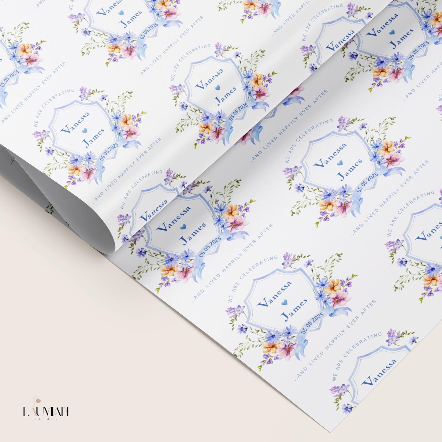Custom Engagement Gift Wrapping Paper Newlyweds Name Gift Wrap Bride to Be Wrapping Paper Future Mrs Gift Wrap Elegant Bridal Wrap Flower - LAUMIANstudio