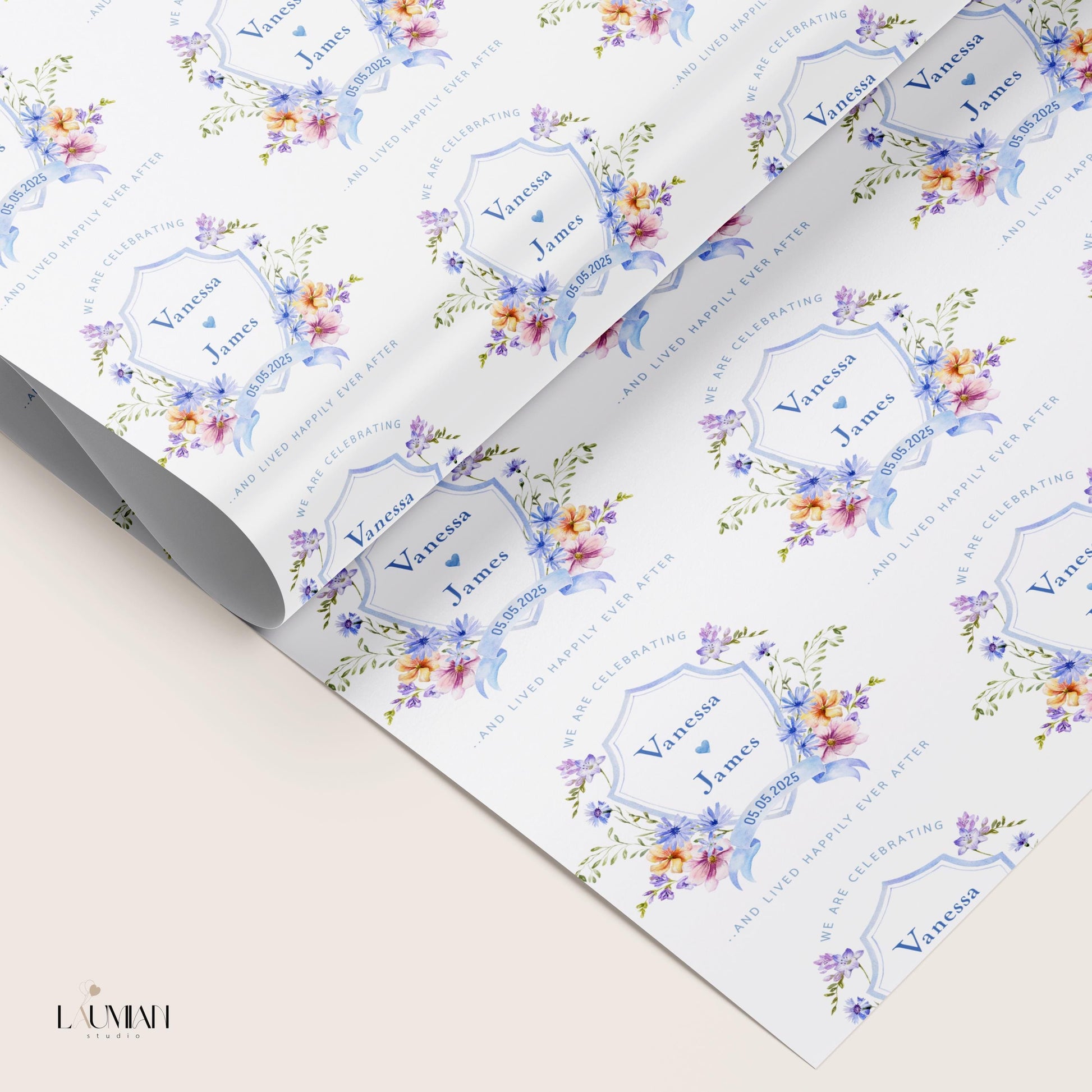 Custom Engagement Gift Wrapping Paper Newlyweds Name Gift Wrap Bride to Be Wrapping Paper Future Mrs Gift Wrap Elegant Bridal Wrap Flower - LAUMIANstudio
