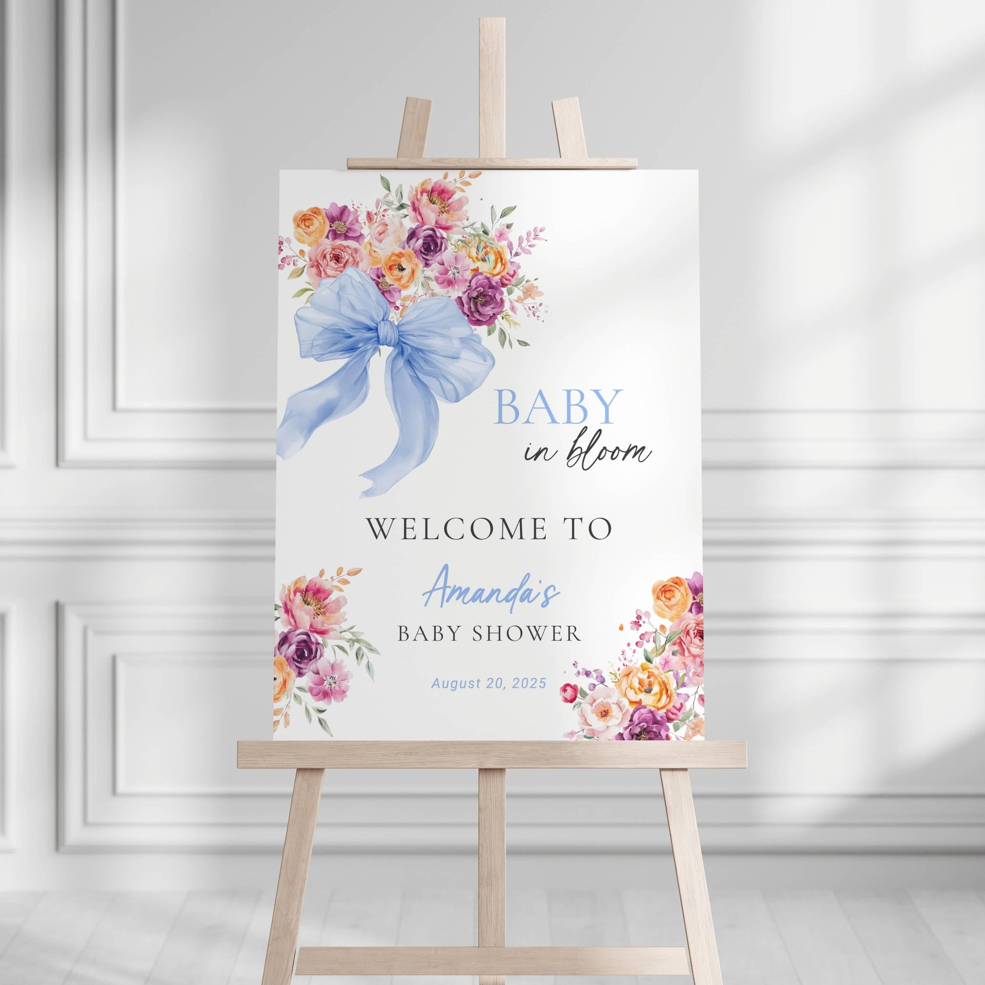 Blue Bow Baby in Bloom Welcome Sign Bow Blue Baby Bloom Sign Baby Boy in Bloom Baby Shower Decor Baby Boy Shower Canva Template DYI Sign - LAUMIANstudio