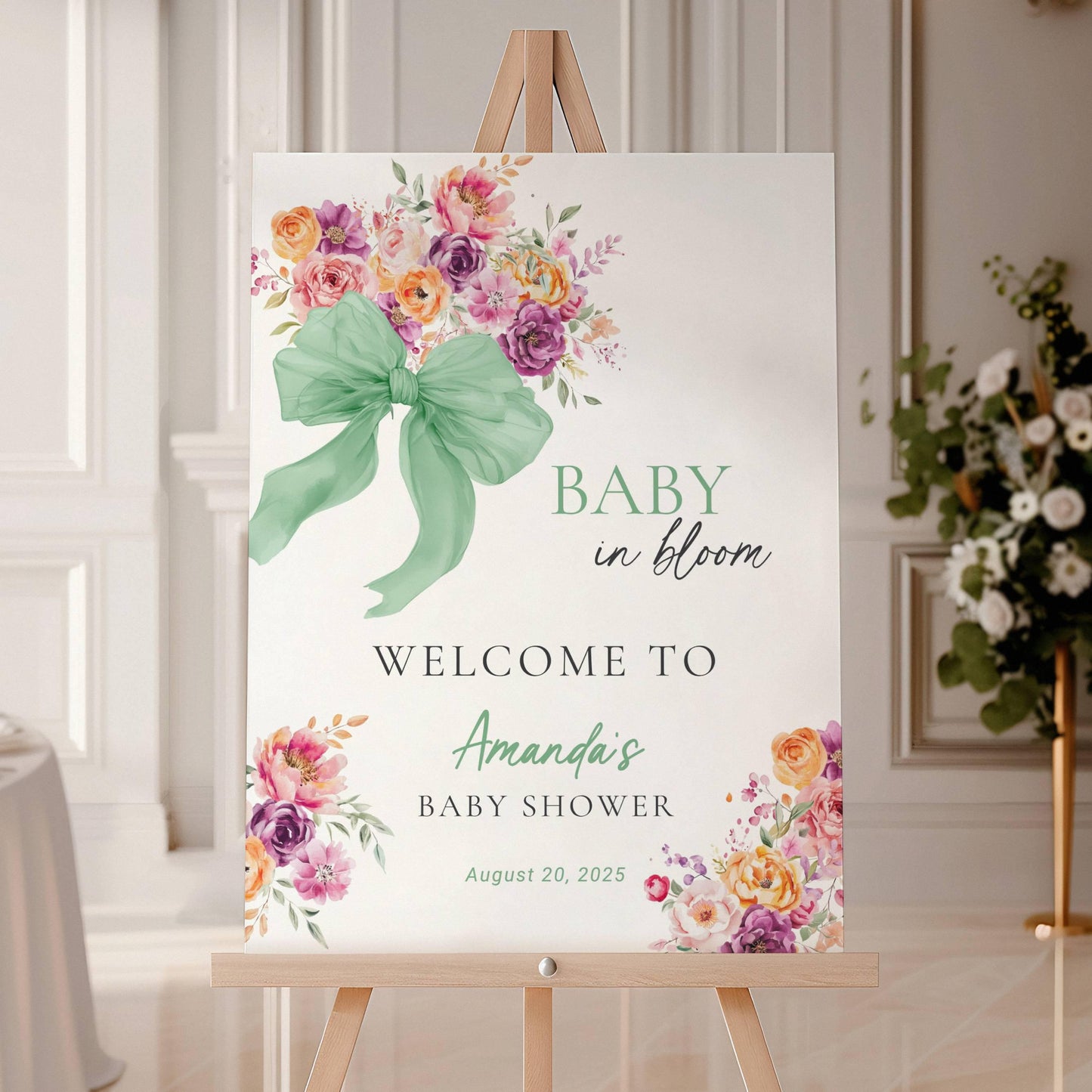 Neutral Baby Shower Welcome Sign Canva Template Sage Baby in Bloom Shower Decor DIY Floral Bow Baby Shower Sign 18x24 Flower Bow Shower Sign - LAUMIANstudio