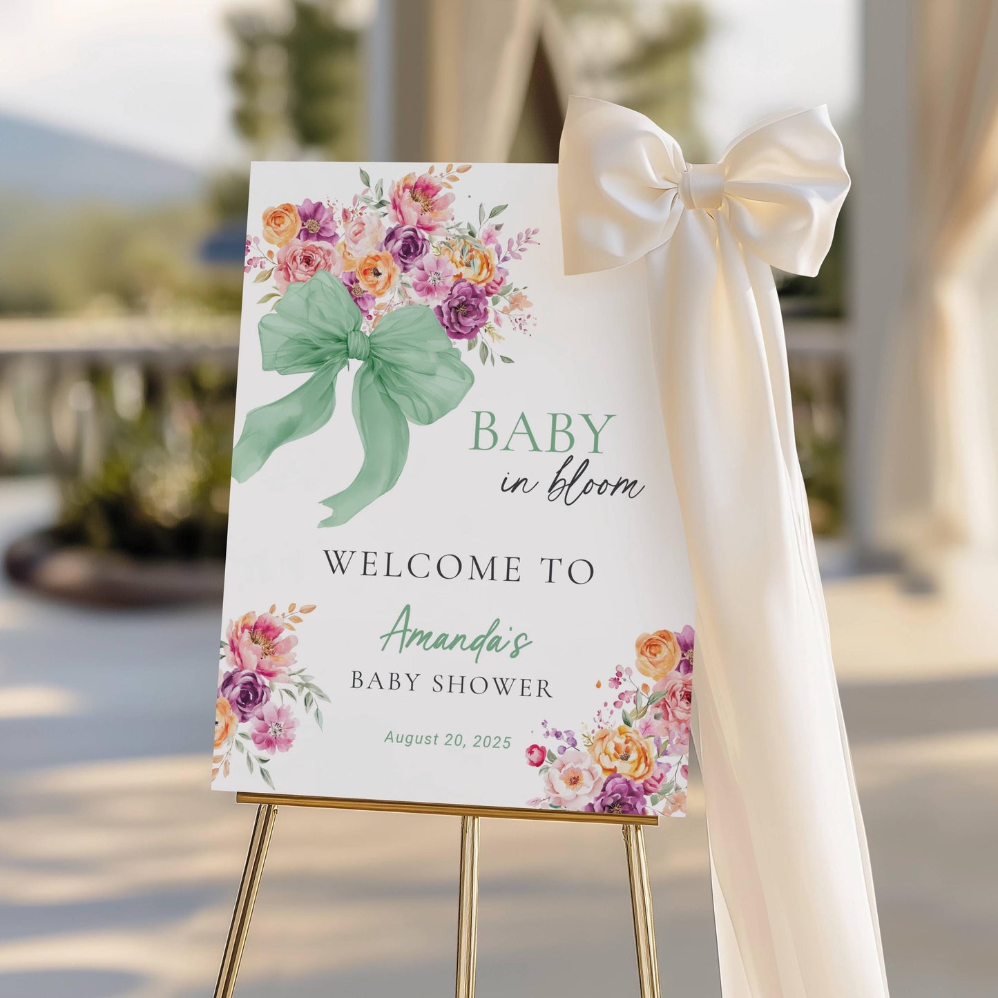 Neutral Baby Shower Welcome Sign Canva Template Sage Baby in Bloom Shower Decor DIY Floral Bow Baby Shower Sign 18x24 Flower Bow Shower Sign - LAUMIANstudio