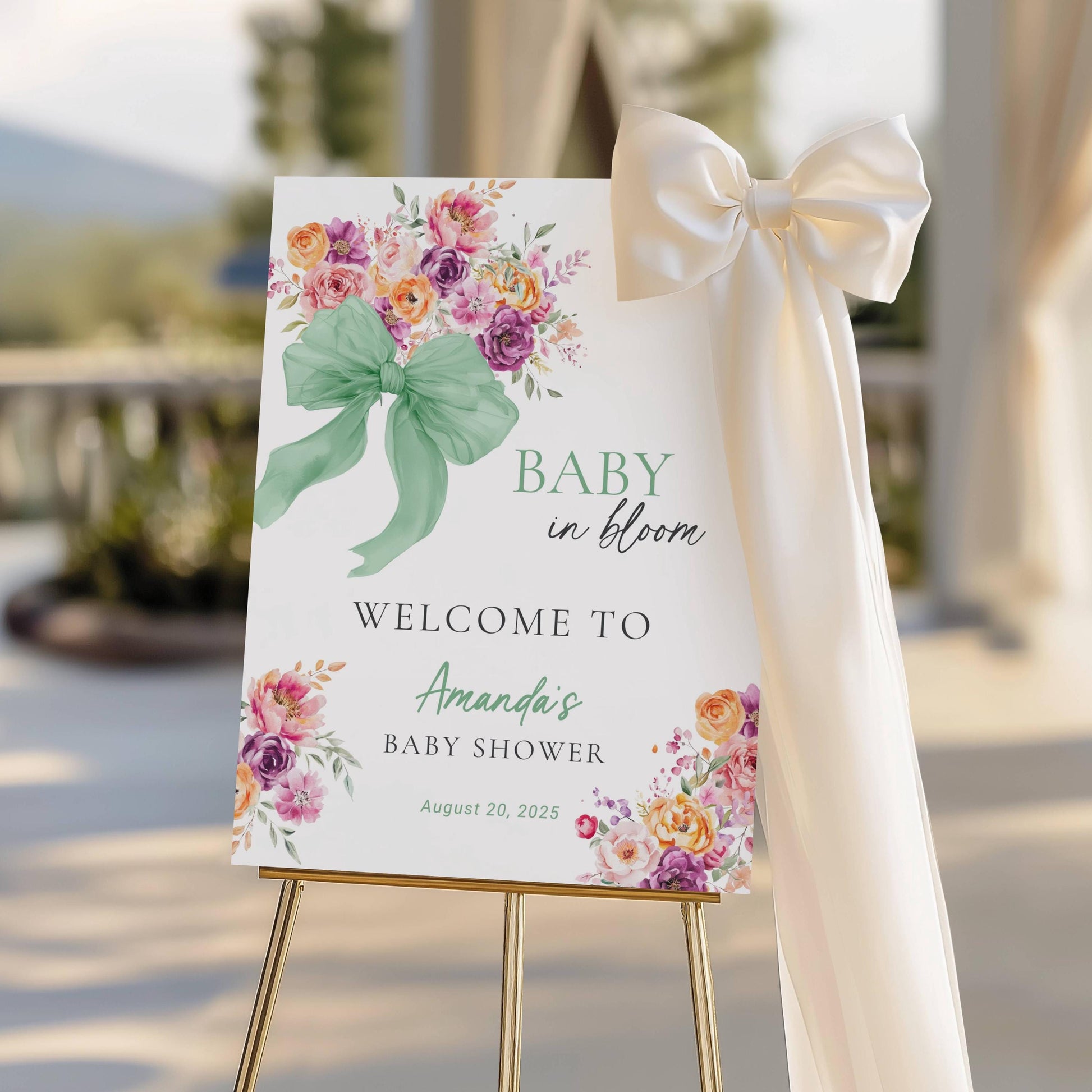 Neutral Baby Shower Welcome Sign Canva Template Sage Baby in Bloom Shower Decor DIY Floral Bow Baby Shower Sign 18x24 Flower Bow Shower Sign - LAUMIANstudio