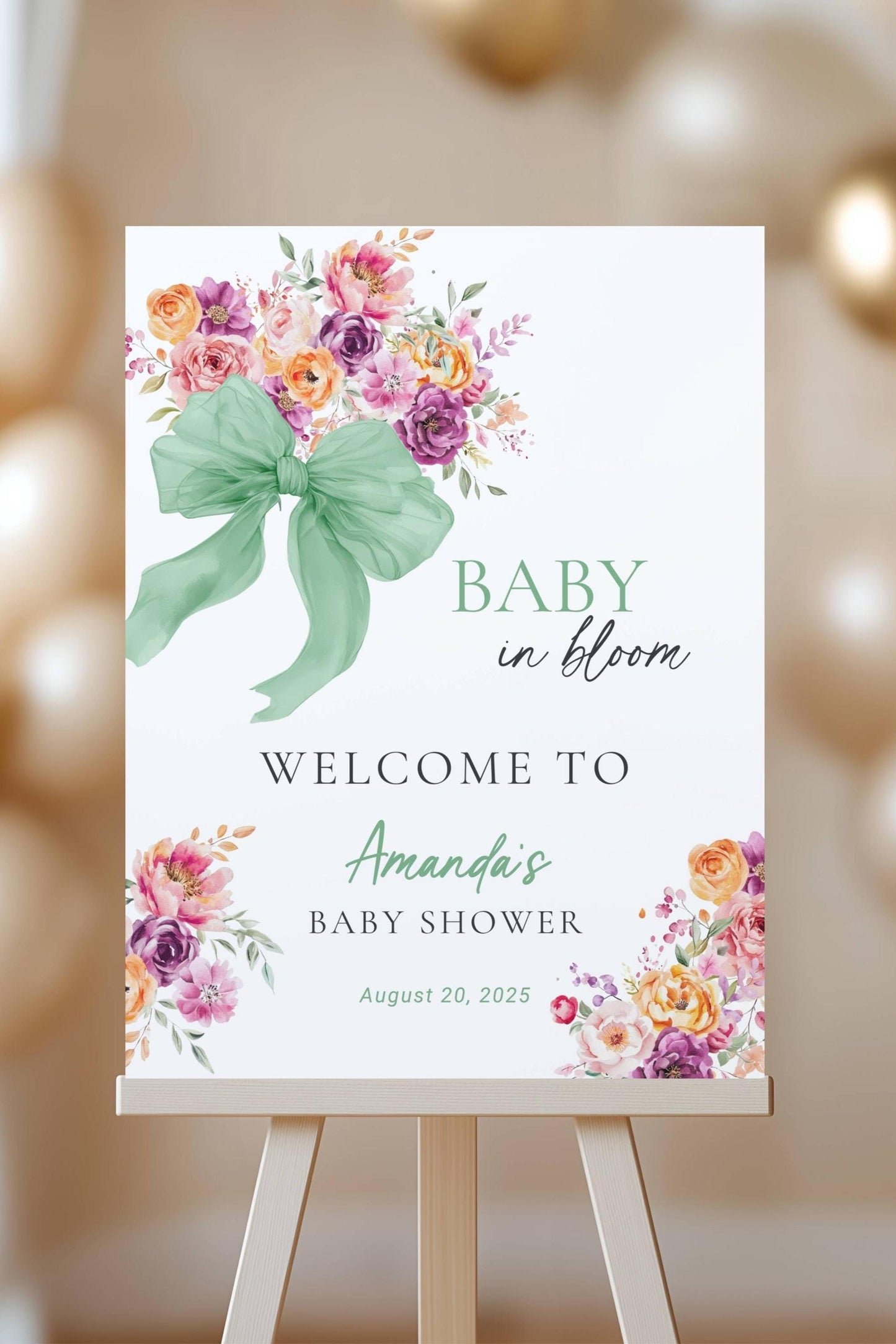 Neutral Baby Shower Welcome Sign Canva Template Sage Baby in Bloom Shower Decor DIY Floral Bow Baby Shower Sign 18x24 Flower Bow Shower Sign - LAUMIANstudio