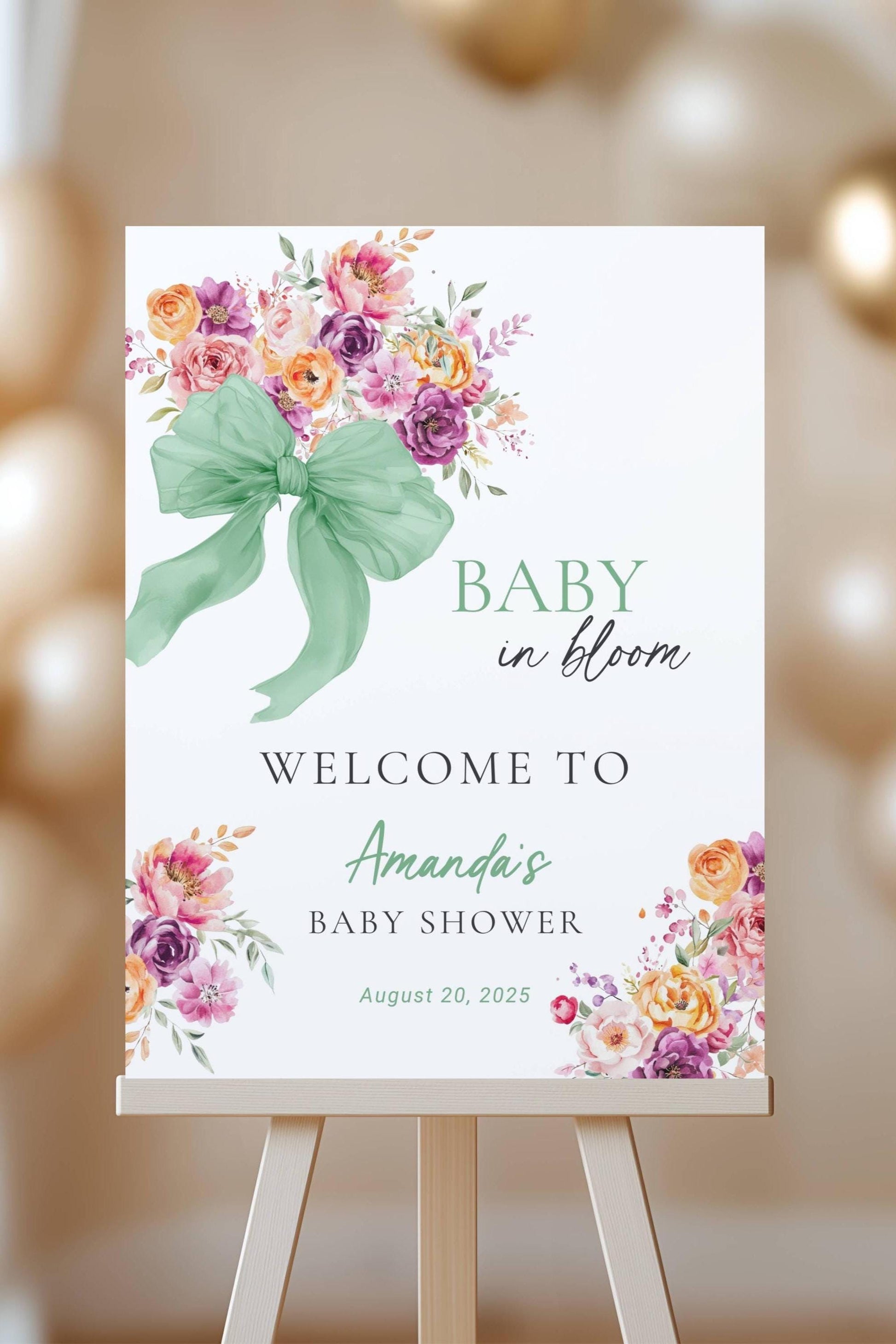 Neutral Baby Shower Welcome Sign Canva Template Sage Baby in Bloom Shower Decor DIY Floral Bow Baby Shower Sign 18x24 Flower Bow Shower Sign - LAUMIANstudio