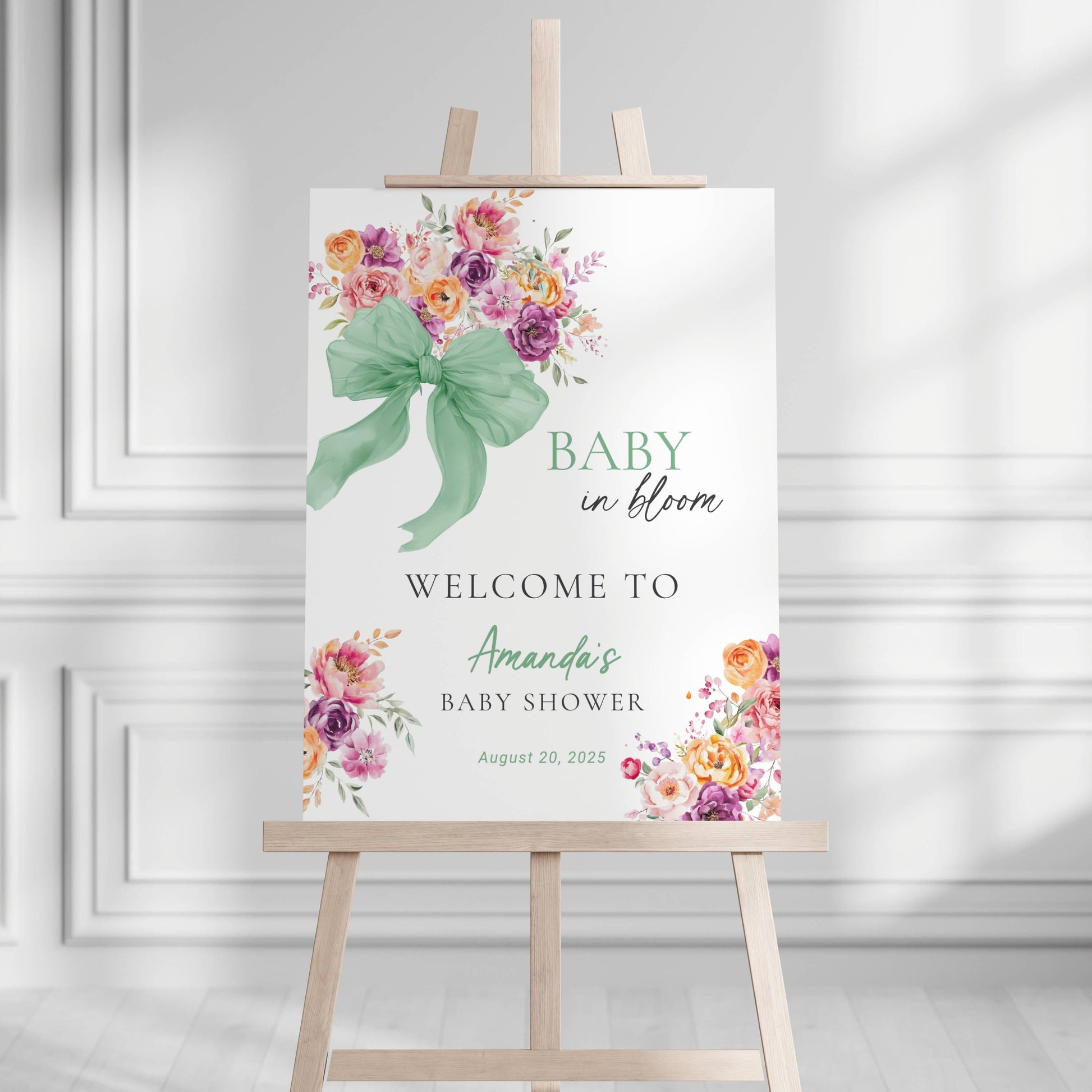 Neutral Baby Shower Welcome Sign Canva Template Sage Baby in Bloom Shower Decor DIY Floral Bow Baby Shower Sign 18x24 Flower Bow Shower Sign - LAUMIANstudio