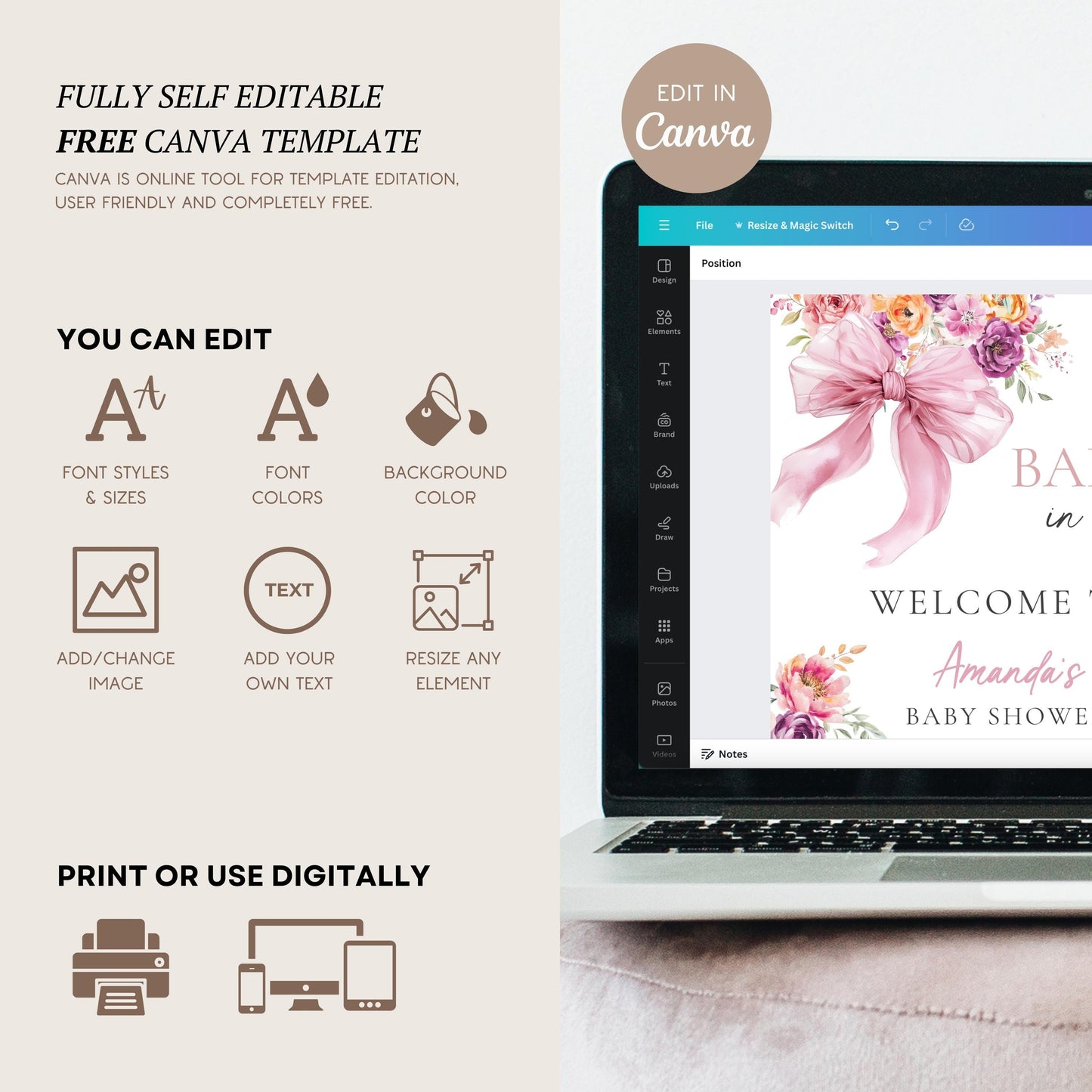Baby in Bloom Baby Shower Decor Pink Baby Girl in Bloom Sign Pink Bow Welcome Sign Garden Shower Sign Floral Shower Sign Editable Template - LAUMIANstudio