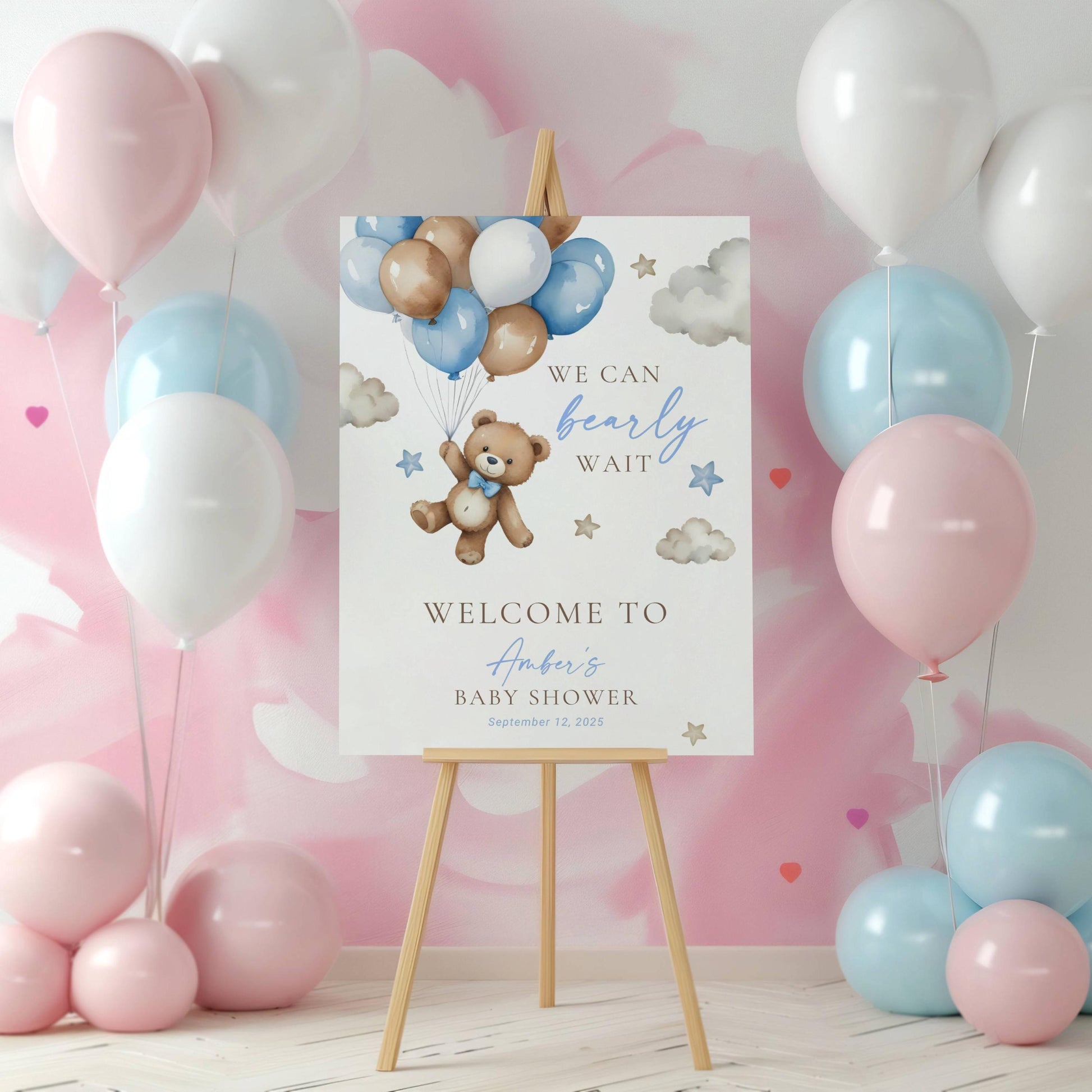 Teddy Bear Welcome Sign We Can Bearly Wait Baby Shower Sign Bear Ballon Baby Boy Shower Decor Blue We Can Bearly Wait Board Canva Template - LAUMIANstudio